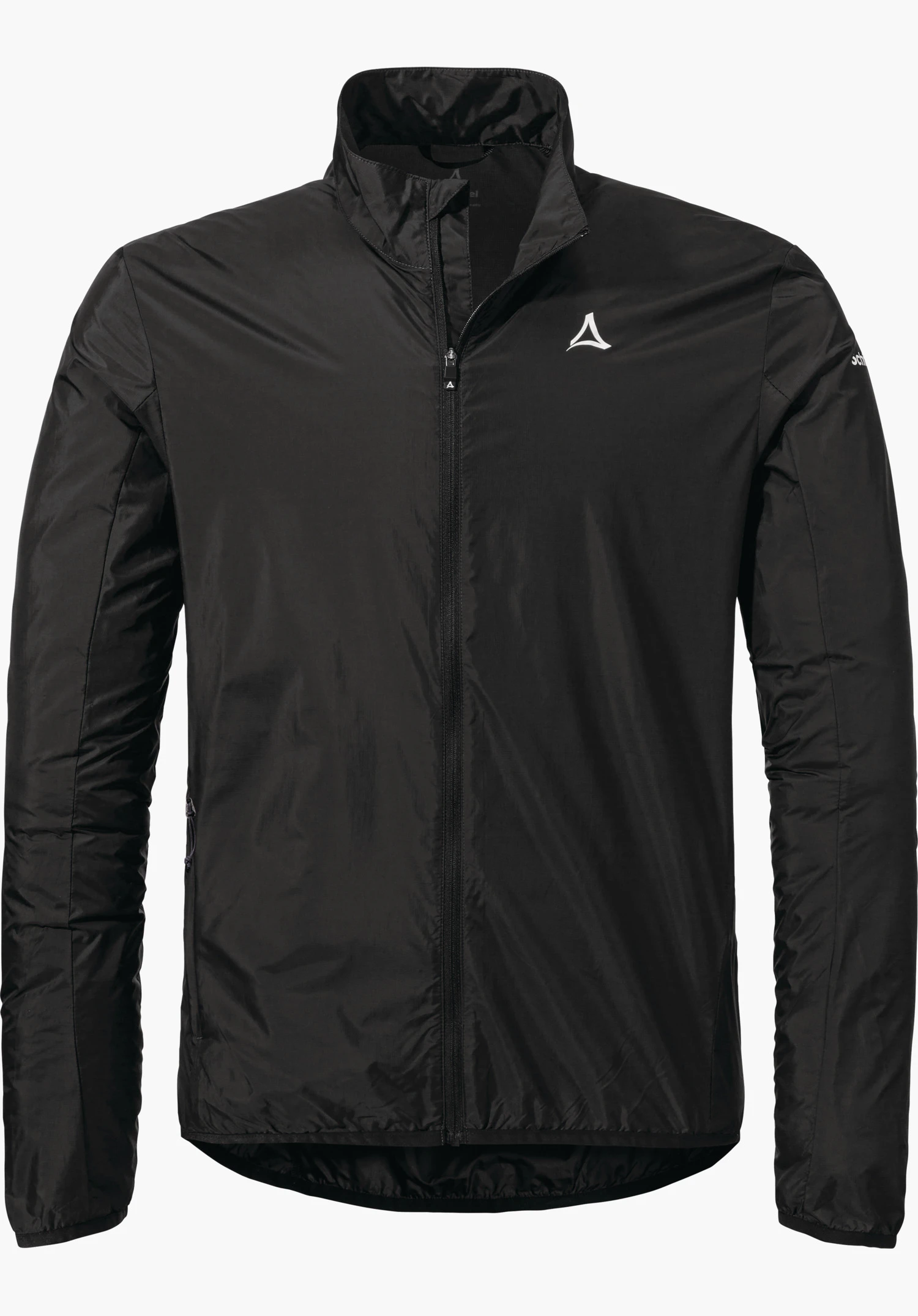 Jacket Style Cannobio MNS black slightly shiny jacket with zip closed and stand-up collar; Schöffel logo on left chest; “schöffel” text on right sleeve; white background.