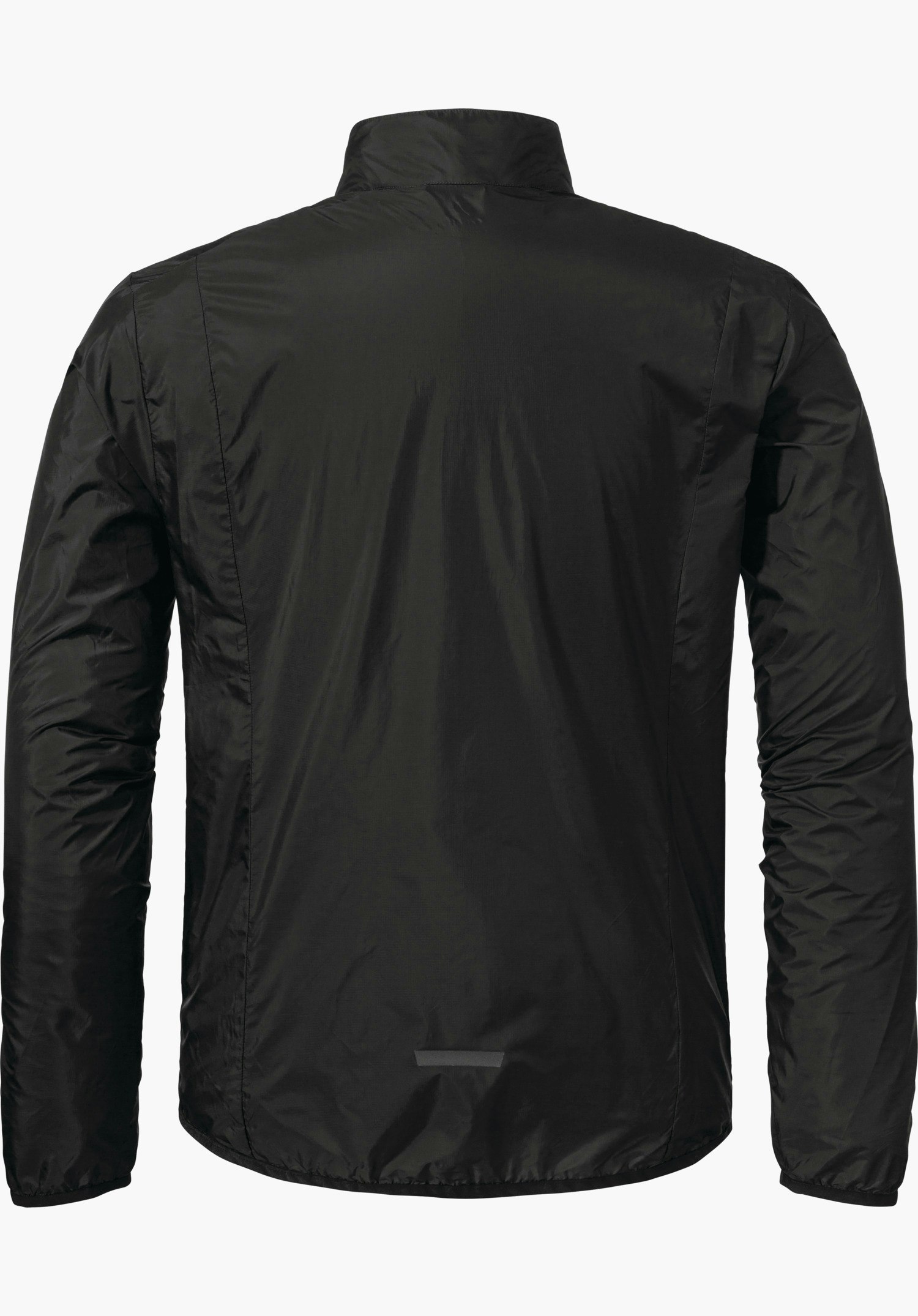 Jacket Style Cannobio MNS schwarze Jacke, von hinten abgebildet; Ärmel entspannt seitlich, glatte leicht glänzende Oberfläche, kurzer Stehkragen; freigestellt vor weißem Hintergrund.