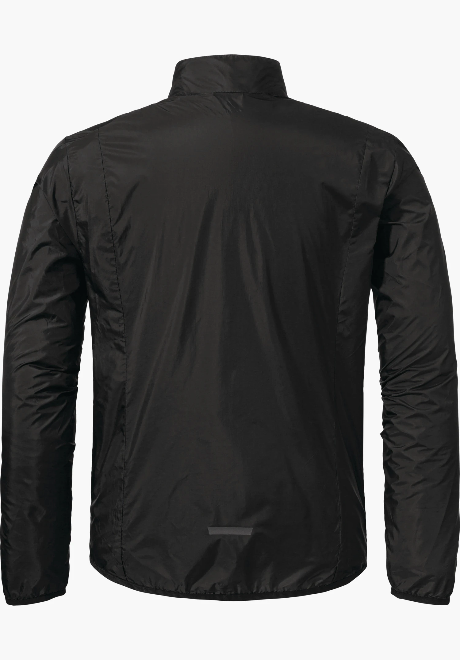 Jacket Style Cannobio MNS black jacket, shown from the back; sleeves relaxed to the sides, smooth slightly glossy surface, short stand-up collar; cut out against a white background.