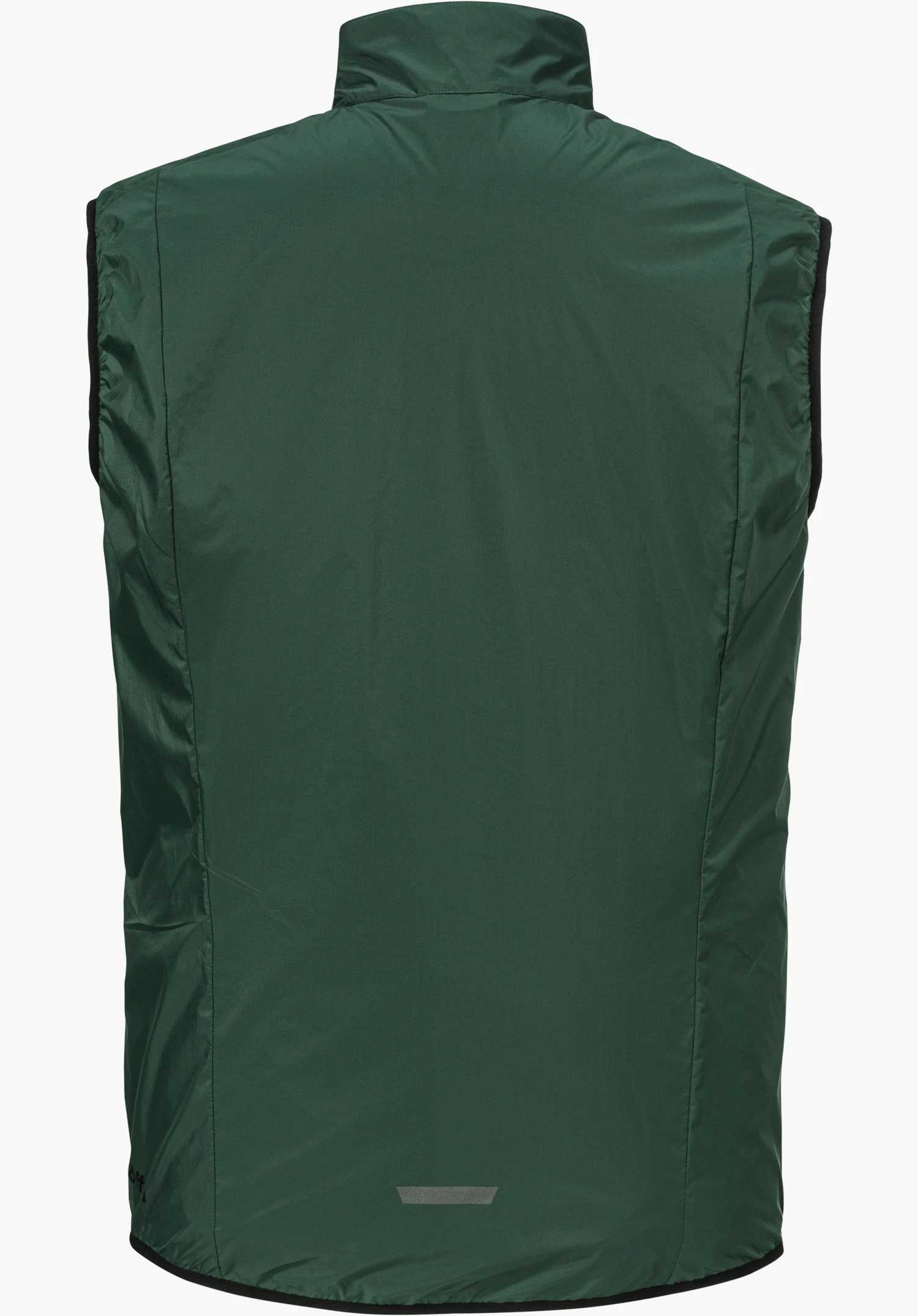 Vest Style Cannobio MNS in green shows the back with a stand-up collar, a partially visible Schöffel logo at the lower left edge and a reflective detail, isolated on a white background.
