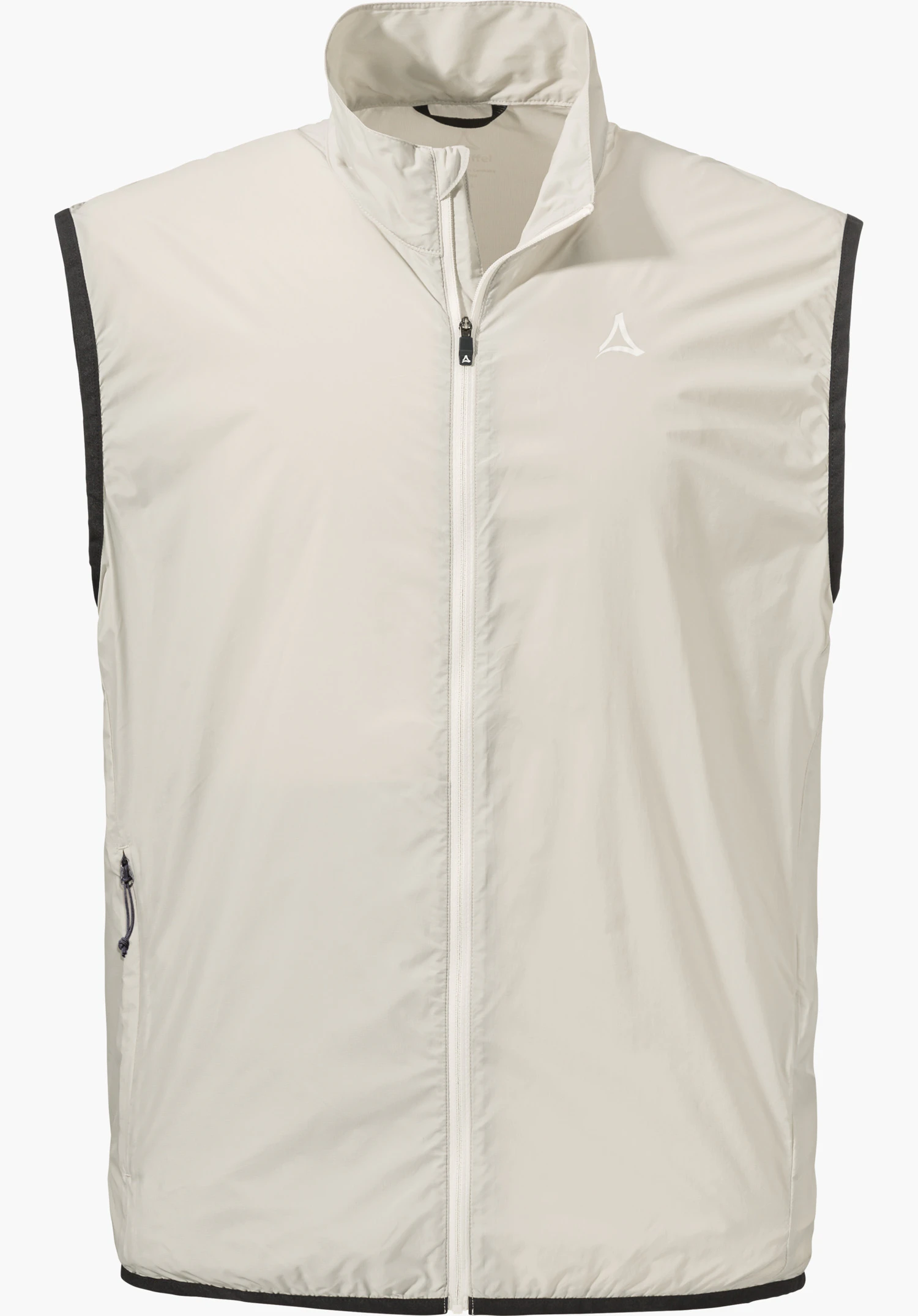 Vest Style Cannobio MNS in der Farbe Natur mit Frontreißverschluss, dunklen Einfassungen an den Armausschnitten und Schöffel-Logo auf der linken Brust, freigestellt vor weißem Hintergrund.