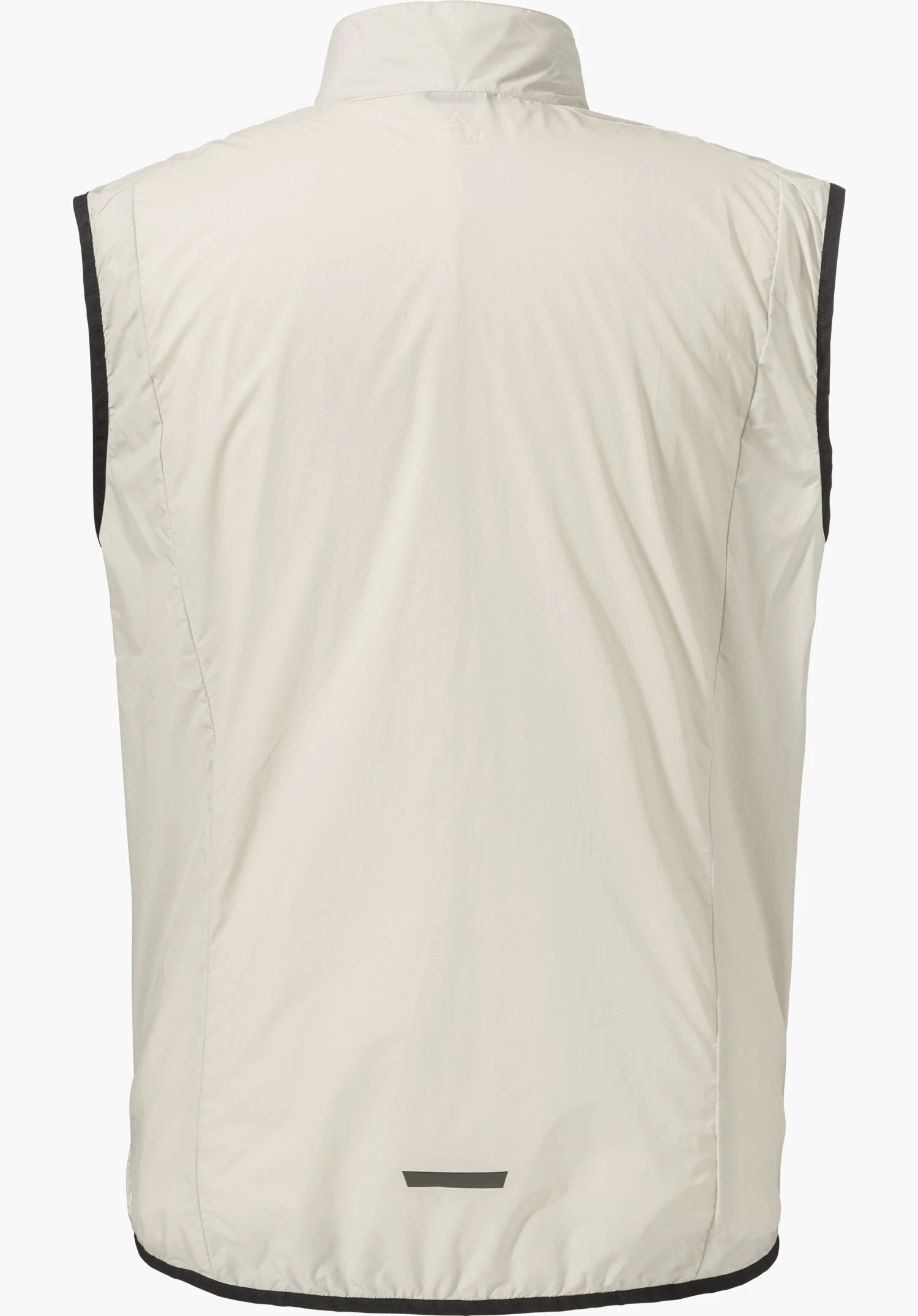 Vest Style Cannobio MNS in der Farbe Natur, Ansicht der Rückseite mit dezentem Schöffel-Logo im Nacken, dunklen Armausschnitten und einem kleinen, dunklen Streifendetail am unteren Rücken, freigestellt vor weißem Hintergrund.