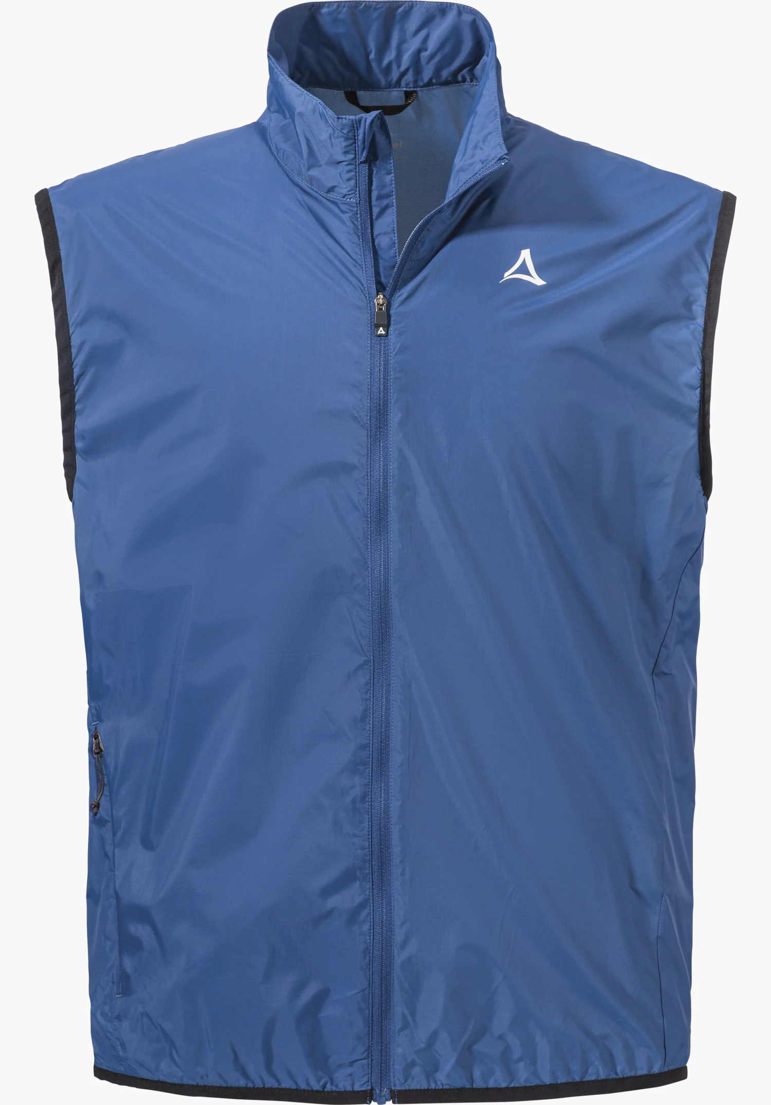Vest Style Cannobio MNS in blue colour with a front zip and white Schöffel logo on the left chest, isolated on a white background.