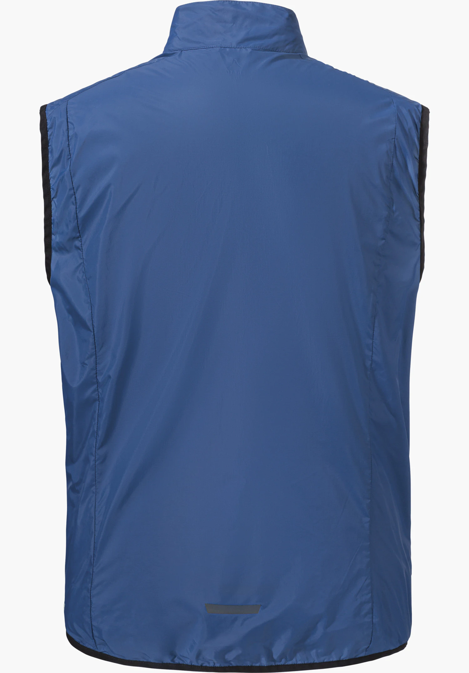 Vest Style Cannobio MNS in blue, back view with black bindings on the armholes and hem, isolated on a white background.