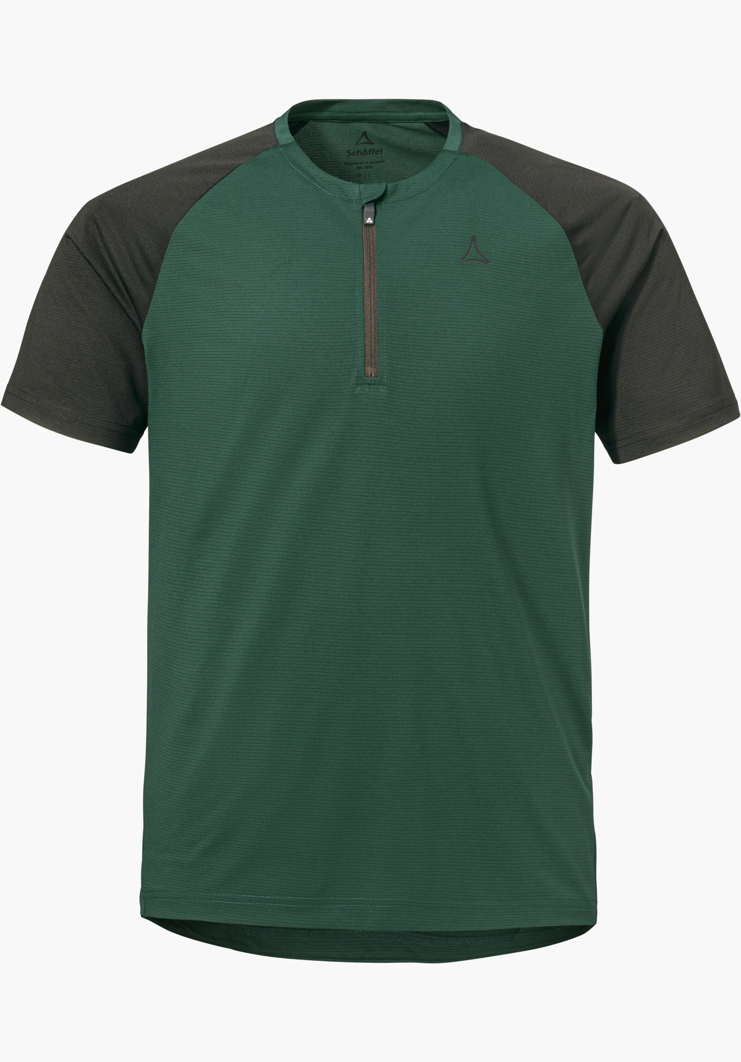 CIRC Shirt Style Wetluga MNS en vert avec des manches courtes foncées, un col demi-zip et le logo Schöffel sur la poitrine gauche, détouré sur fond blanc.