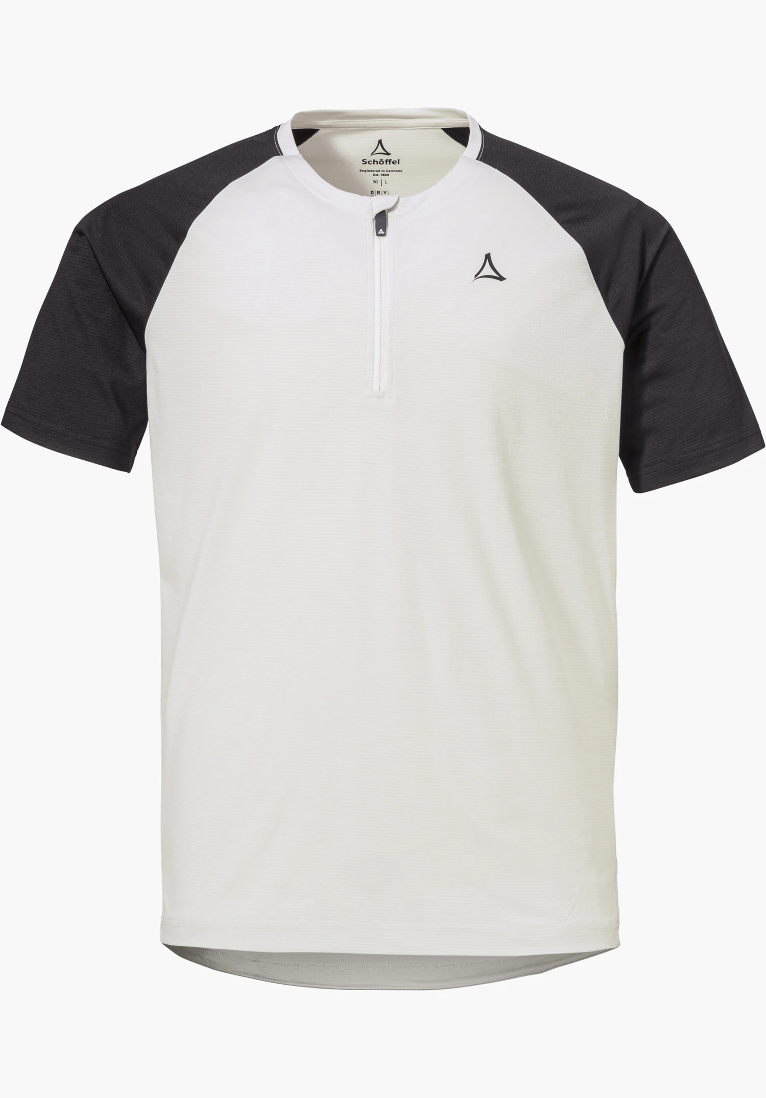 CIRC Shirt Style Wetluga MNS de couleur natur avec des manches courtes raglan foncées, un demi-zip frontal et le logo Schöffel sur la poitrine gauche, détouré sur fond blanc.