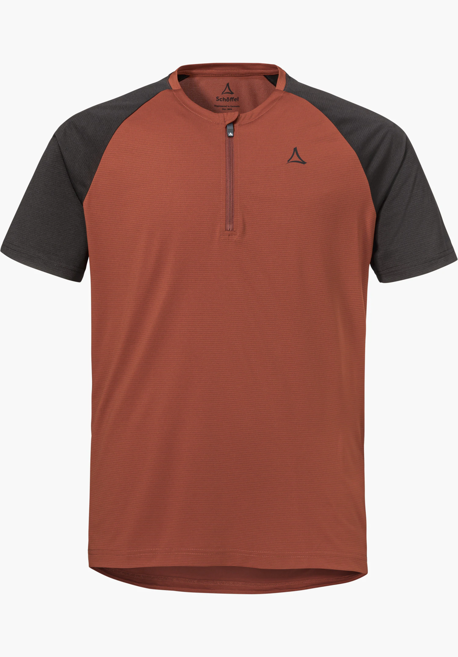CIRC Shirt Style Wetluga MNS in Rot mit dunklen kurzen Ärmeln, halbem Reißverschluss und Schöffel-Logo auf der linken Brust, freigestellt vor weißem Hintergrund.