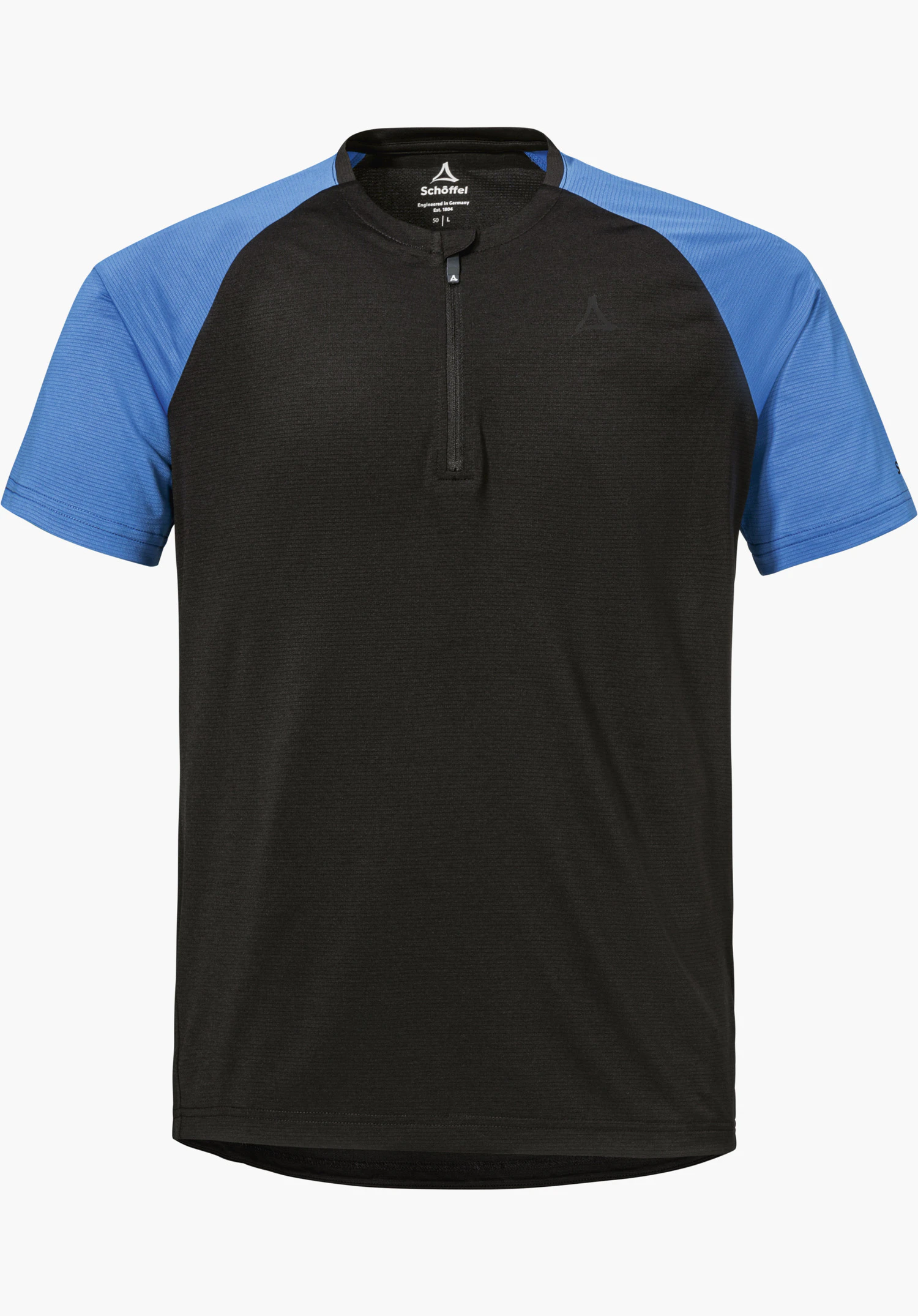 CIRC Shirt Style Wetluga MNS en noir avec des manches bleues, une courte fermeture zippée et un logo Schöffel sur la poitrine gauche, détouré sur fond blanc.