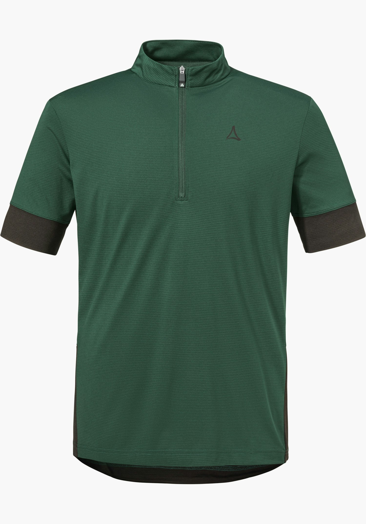 CIRC Shirt Style Pinega MNS in Grün mit halbem Reißverschluss, farblich abgesetzten Ärmelabschlüssen und dem Schöffel-Logo auf der linken Brust, freigestellt vor weißem Hintergrund.