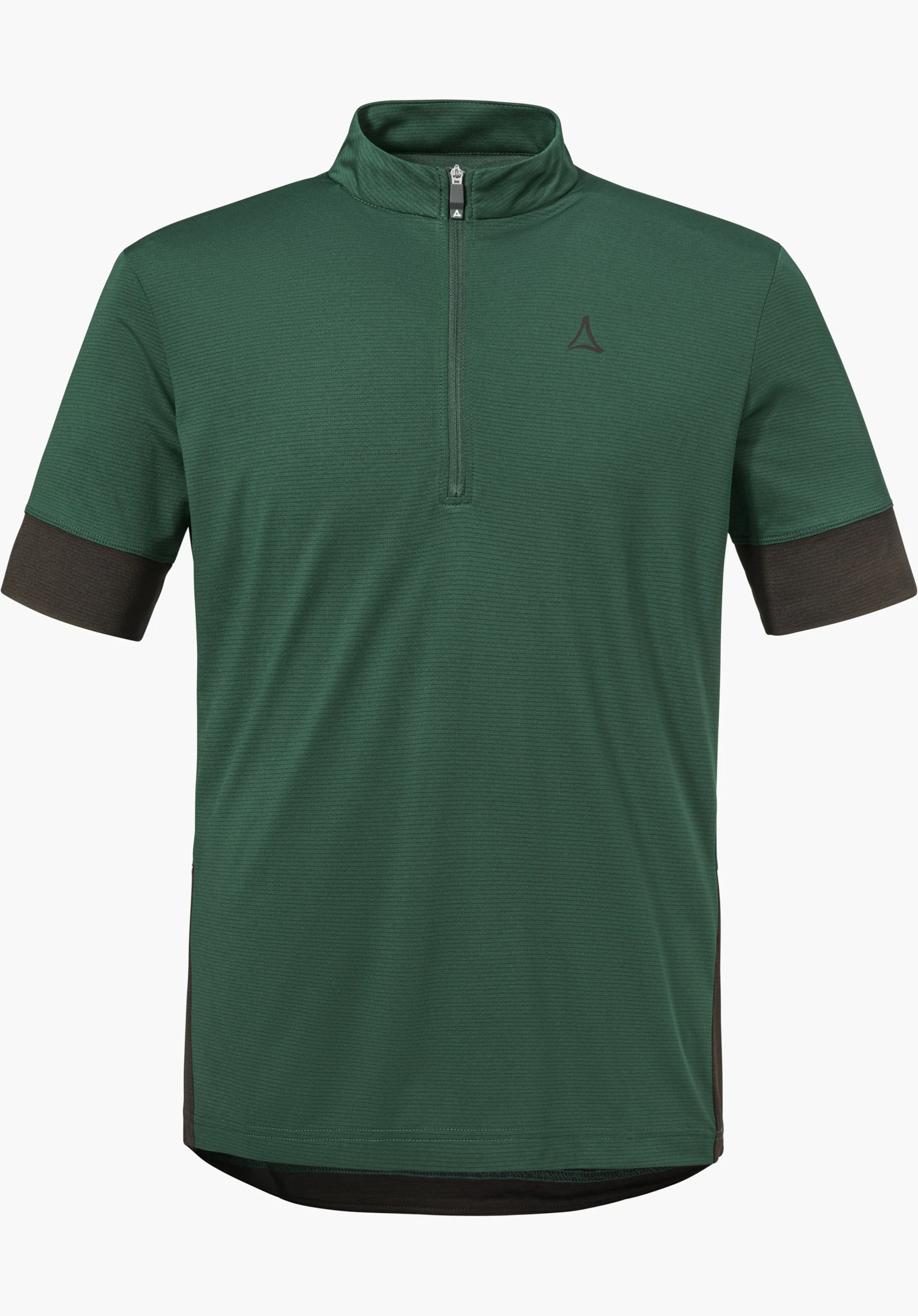 CIRC Shirt Style Pinega MNS en vert avec un demi-zip, des bords de manches contrastés et le logo Schöffel sur la poitrine gauche, détouré sur fond blanc.