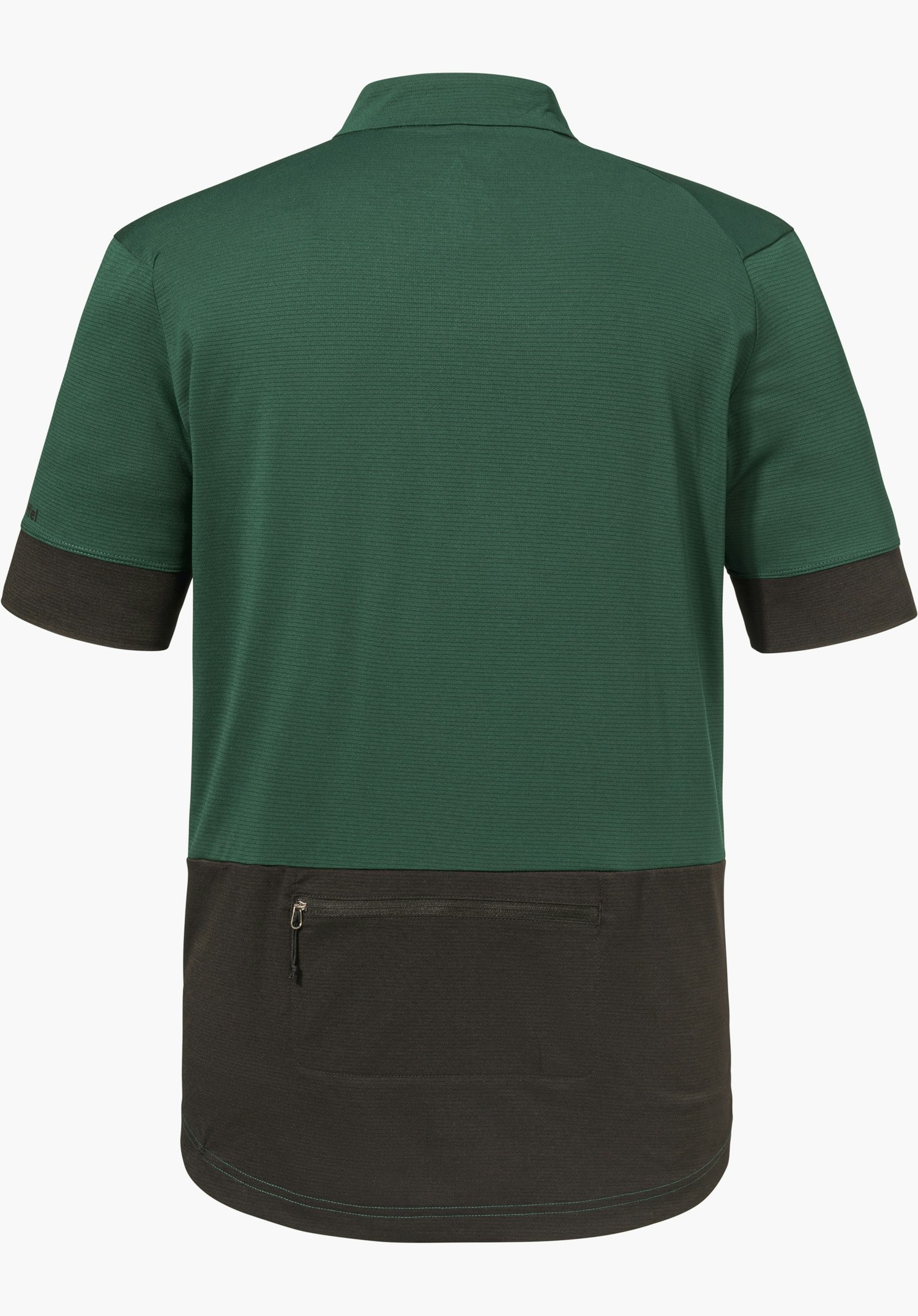 CIRC Shirt Style Pinega MNS in green shows the back with a two-tone design, a zip pocket in the dark lower section and a Schöffel logo on the left sleeve, isolated against a white background.