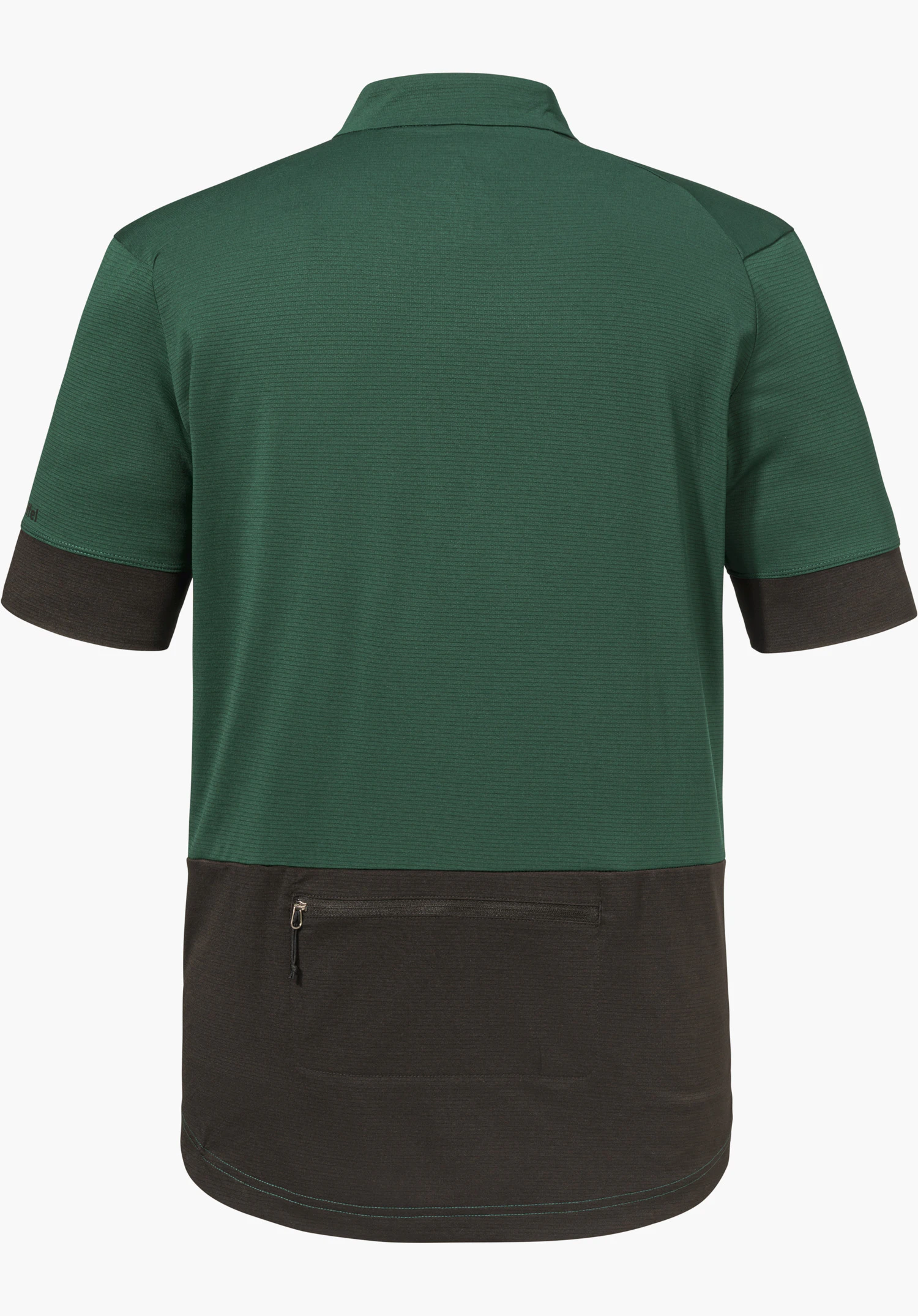 CIRC Shirt Style Pinega MNS in green shows the back with a two-tone design, a zip pocket in the dark lower section and a Schöffel logo on the left sleeve, isolated against a white background.