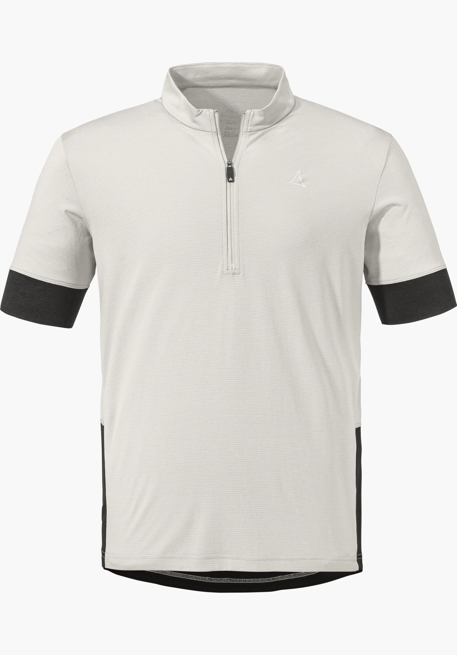 CIRC Shirt Style Pinega MNS white short-sleeve functional shirt with half zip, black sleeve cuffs and side inserts, Schöffel logo on chest; isolated on a bright background.