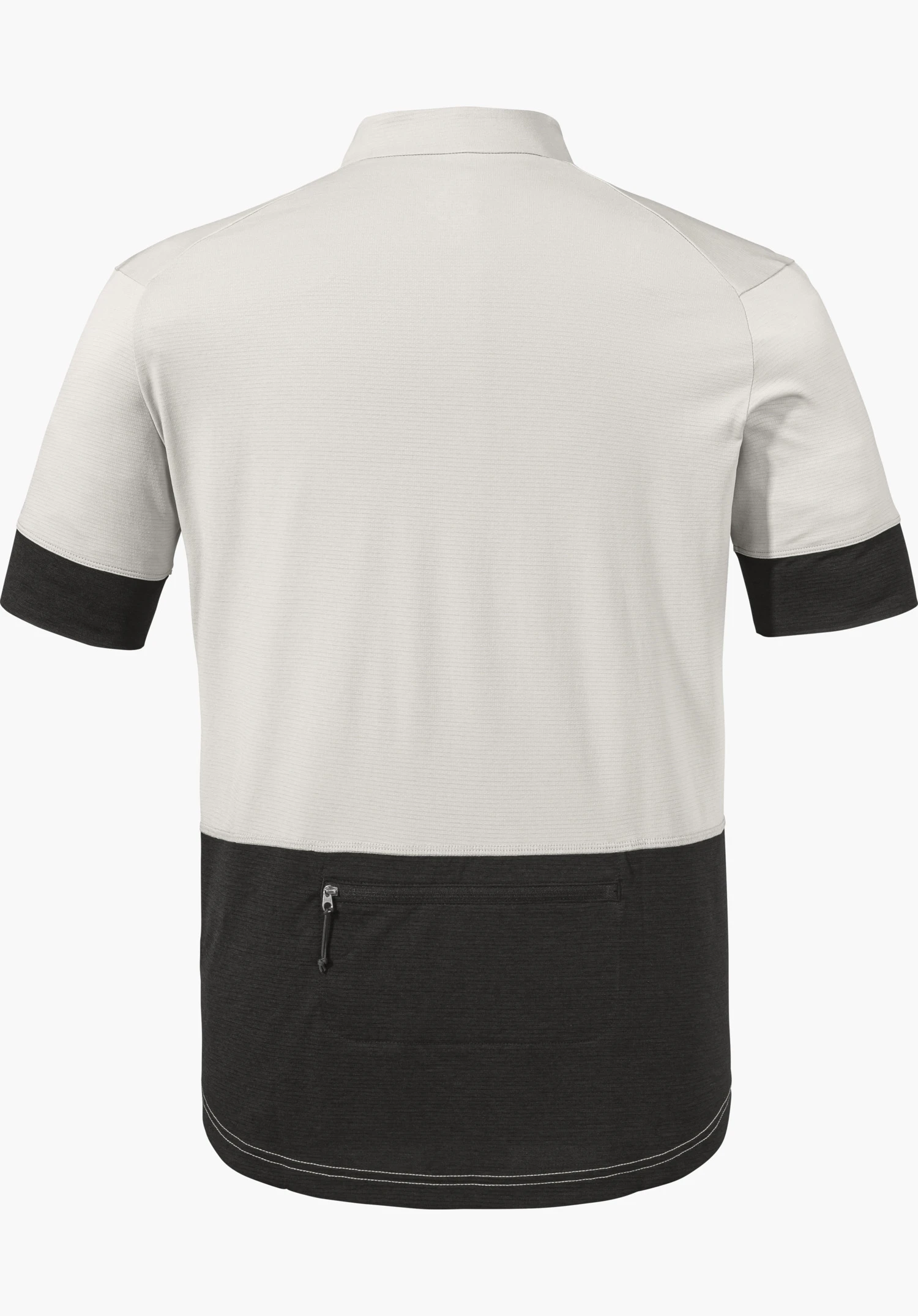 CIRC Shirt Style Pinega MNS short-sleeved polo shirt, white upper section and black lower section; rear view with collar, black sleeve cuffs and zip pocket at the lower back; cut out on a white background.