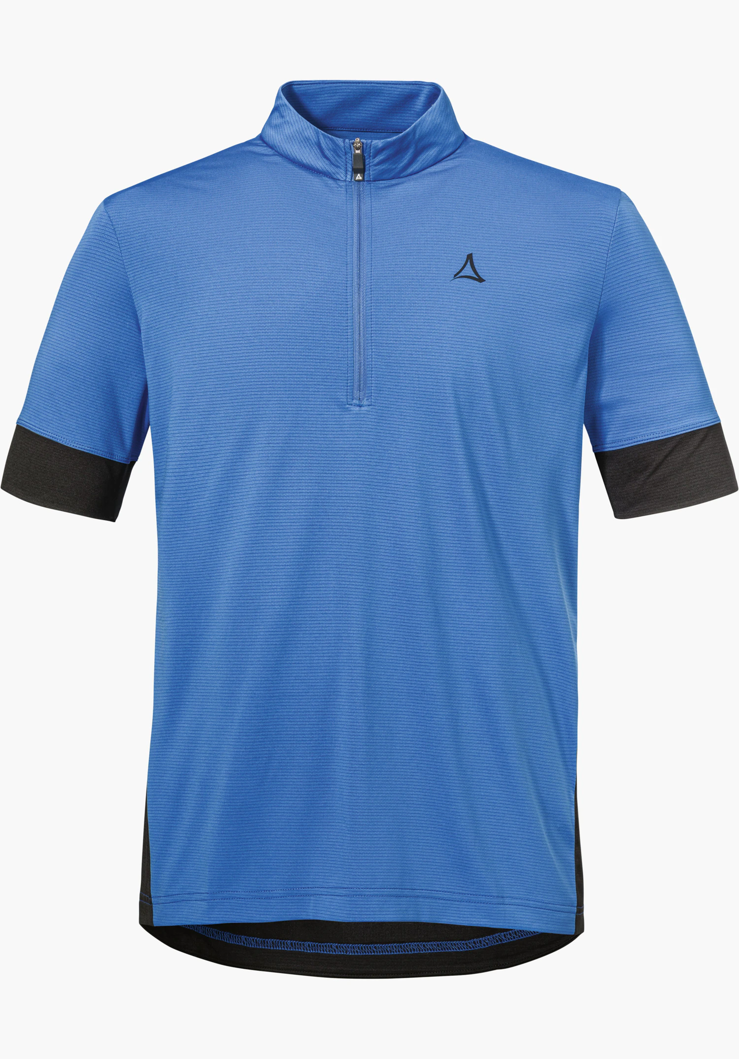 CIRC Shirt Style Pinega MNS en bleu avec des finitions noires aux manches et à l'ourlet, un col demi-zip et le logo Schöffel sur la poitrine gauche, détouré sur fond blanc.