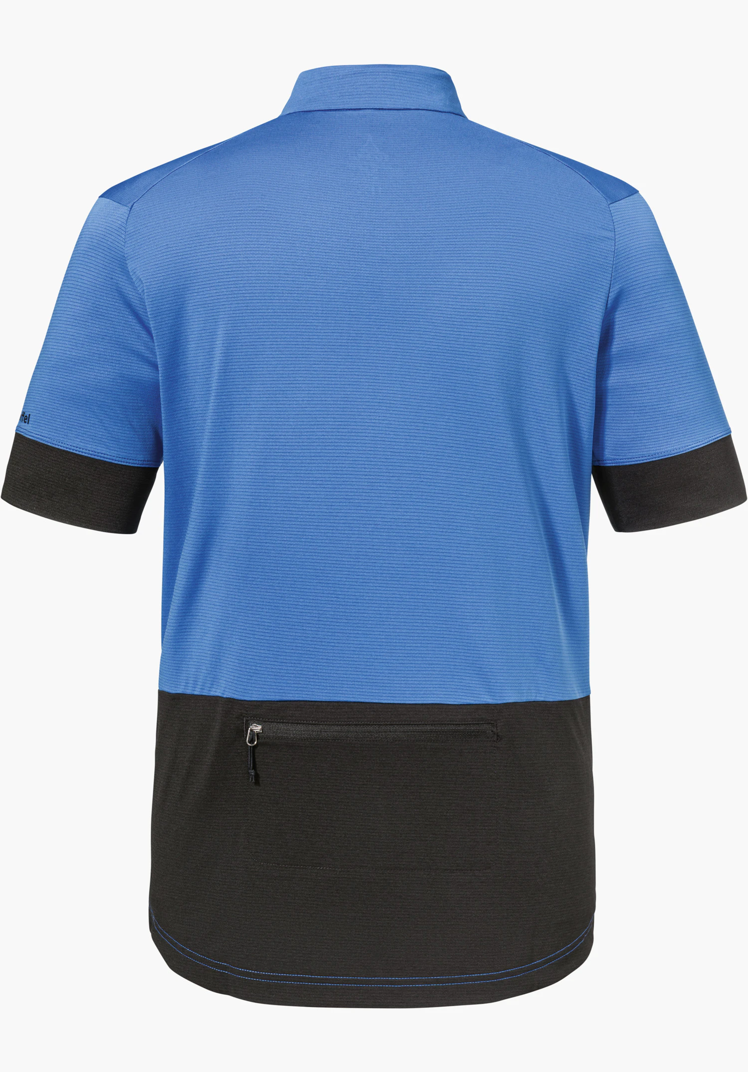 CIRC Shirt Style Pinega MNS en bleu vu de dos avec des poignets de manches noirs, un panneau inférieur noir au dos avec une poche zippée et un Schöffel-Logo visible sur la manche gauche, détouré sur fond blanc.