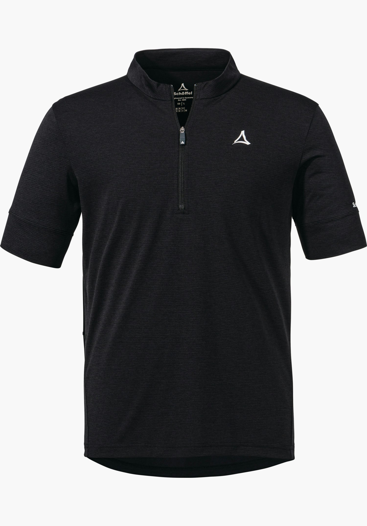 CIRC Shirt Style Pinega MNS als schwarzes Kurzarm-Shirt mit Half-Zip und Schöffel-Logo auf der linken Brust, freigestellt vor weißem Hintergrund.