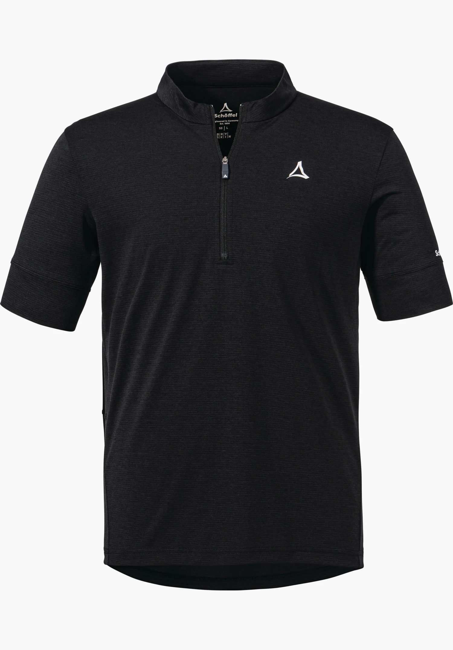 CIRC Shirt Style Pinega MNS as a black short-sleeved shirt with half-zip and Schöffel logo on the left chest, isolated against a white background.