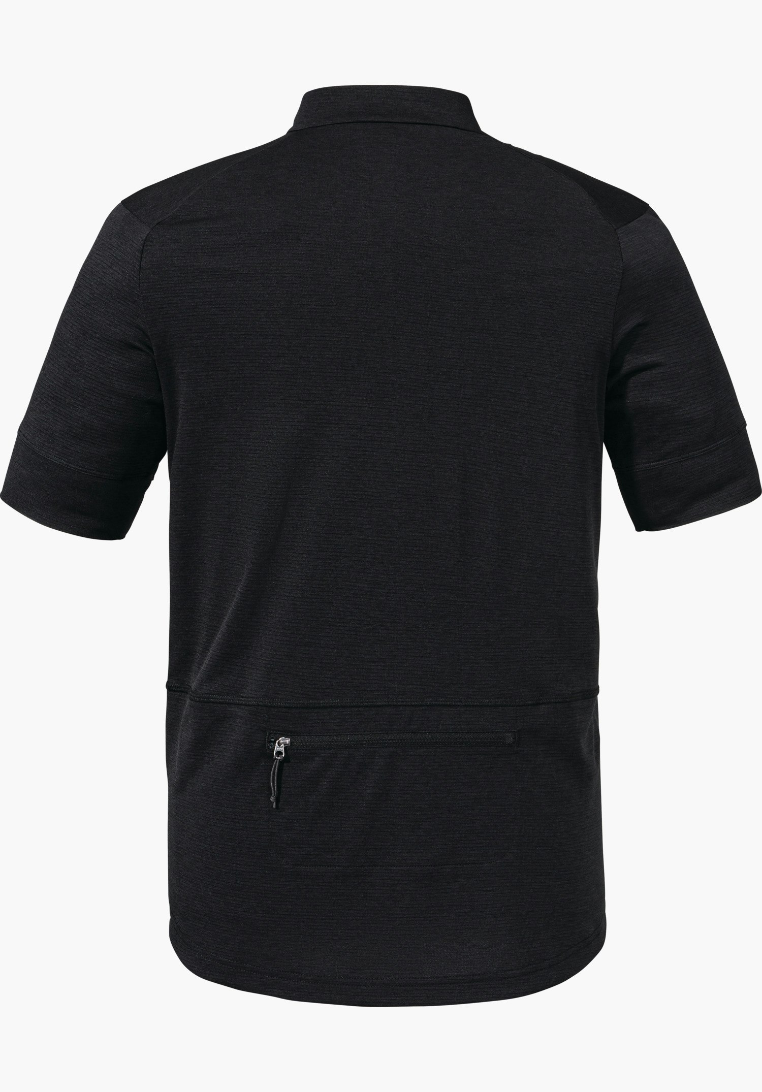 CIRC Shirt Style Pinega MNS in Schwarz zeigt die Rückansicht mit einer Reißverschlusstasche am unteren Rücken, freigestellt vor weißem Hintergrund.