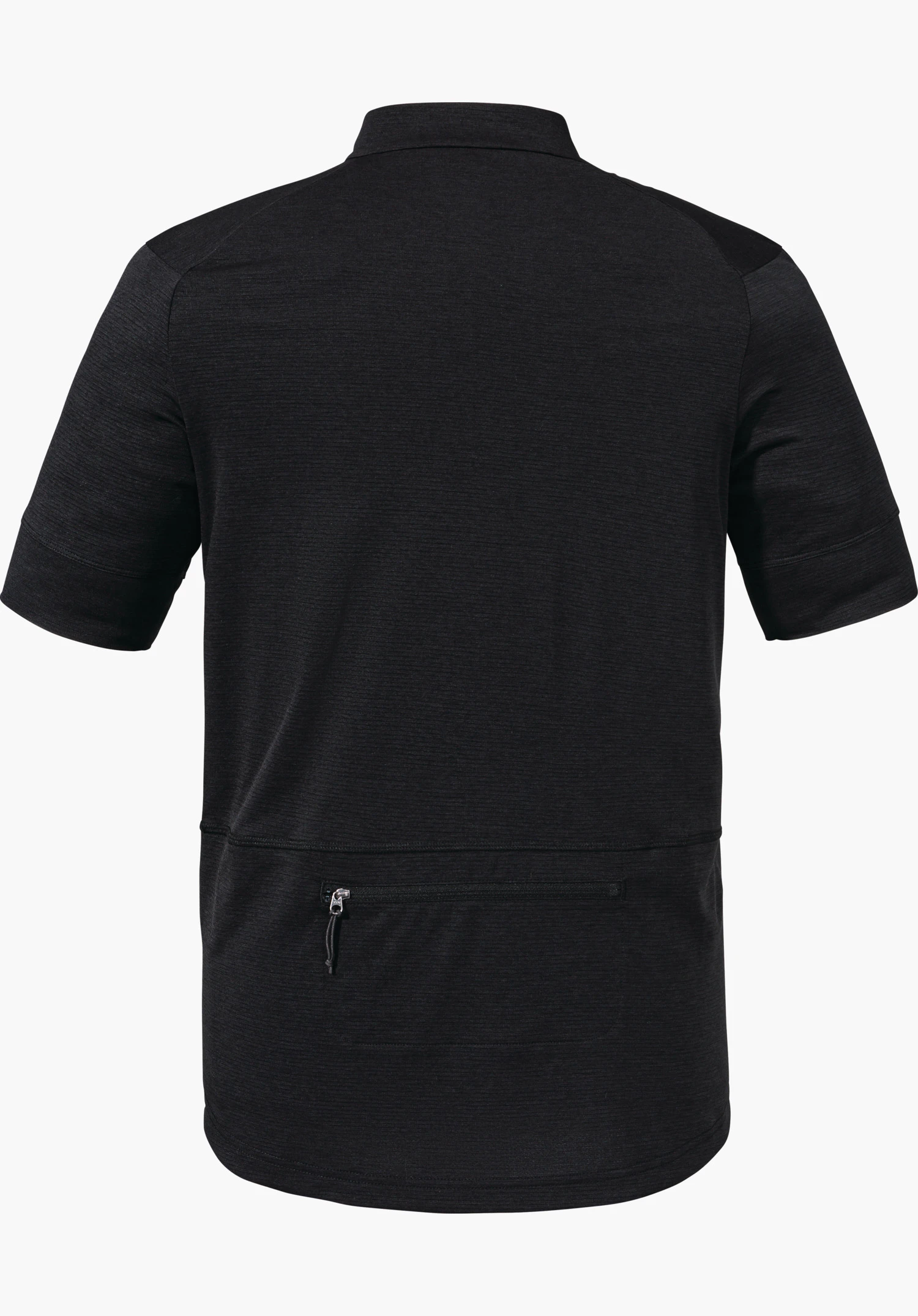CIRC Shirt Style Pinega MNS in black shows the back view with a zip pocket on the lower back, isolated on a white background.