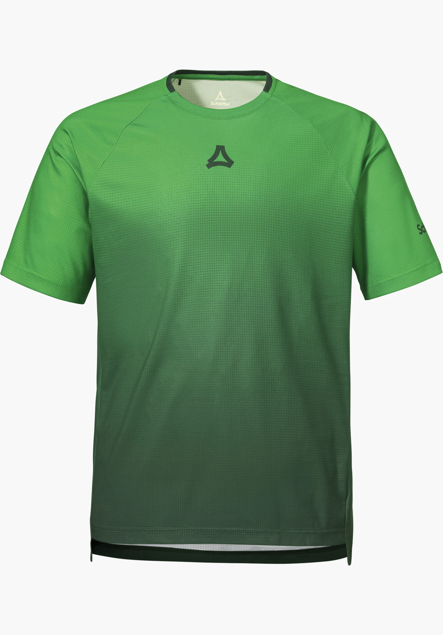 Shirt Style Koitere MEN in green features the prominent Schöffel logo on the chest and sleeve, freigestellt vor weißem Hintergrund.