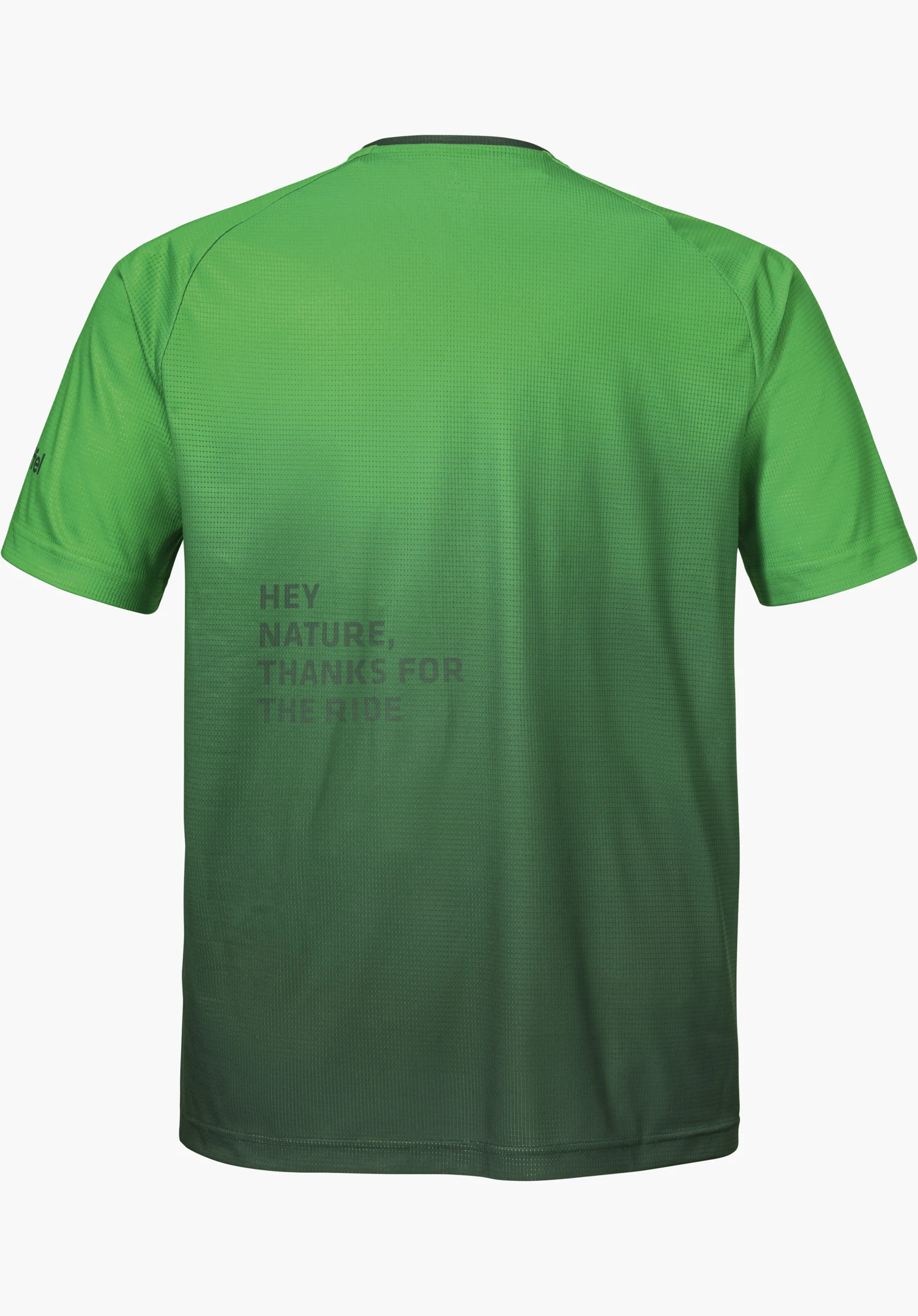 Shirt Style Koitere MEN shows the back in green with a subtle colour gradient, the lettering 'HEY NATURE, THANKS FOR THE RIDE' and the Schöffel logo on the left sleeve, isolated against a white background.