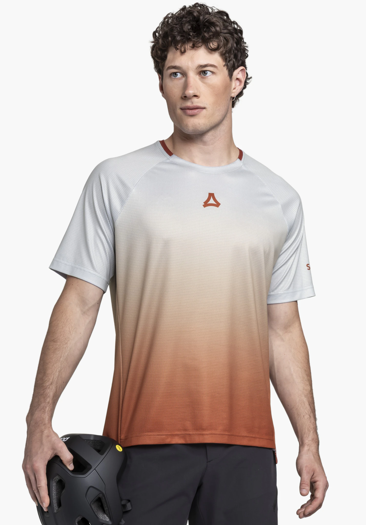 Shirt Style Koitere MEN is showcased on a model in a front-facing, half-body shot against a neutral background. The model wears the shirt featuring a distinctive gradient that highlights a bold red hue, with the Schöffel logo prominently displayed on the chest.