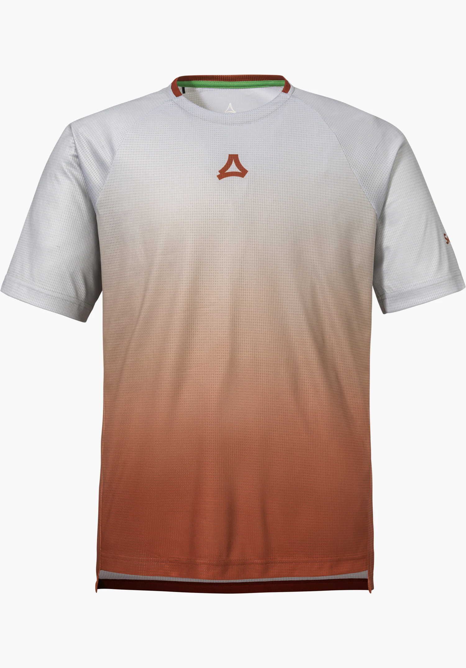 Shirt Style Koitere MEN with short sleeves features a dynamic red gradient design, completed with a subtle Schöffel logo on the chest, isolated against a white background.