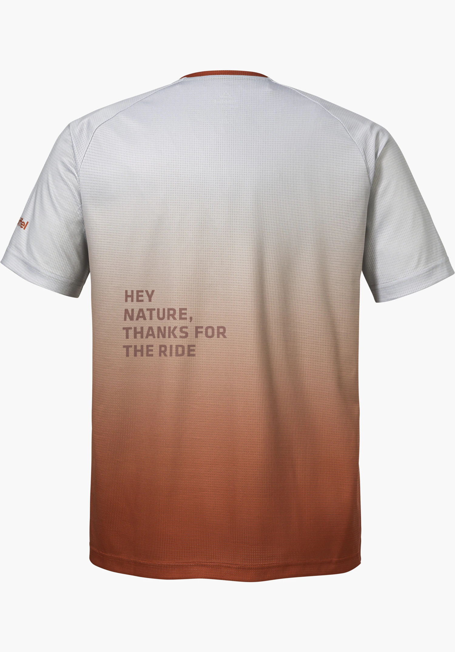 Shirt Style Koitere MEN in a colour gradient to red, back view with the print 'HEY NATURE, THANKS FOR THE RIDE' and the Schöffel logo on the left sleeve, isolated on a white background.