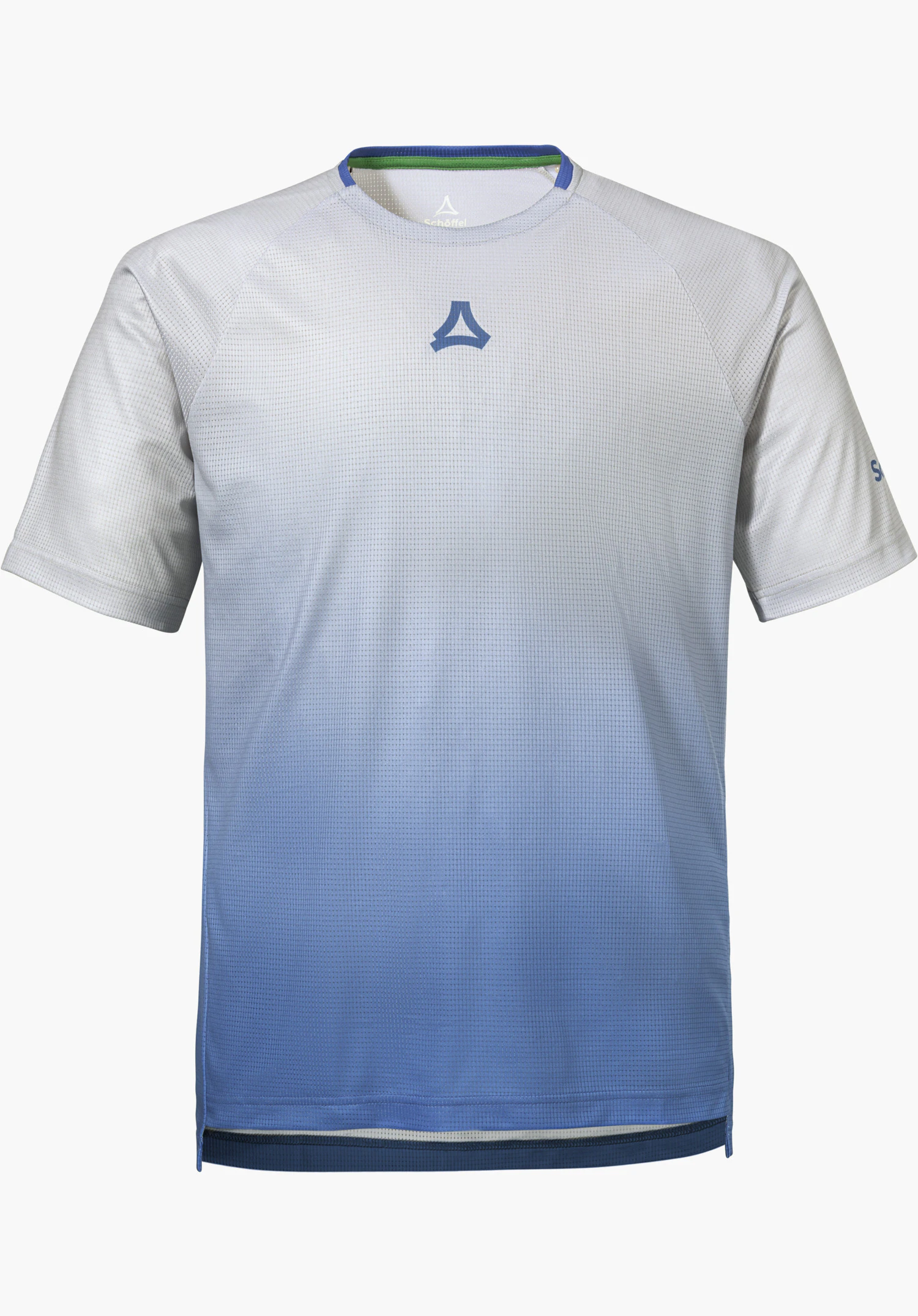 Shirt Style Koitere MEN as a short-sleeved t-shirt featuring a colour gradient fading to blue and a visible Schöffel logo on the chest, isolated on a white background.