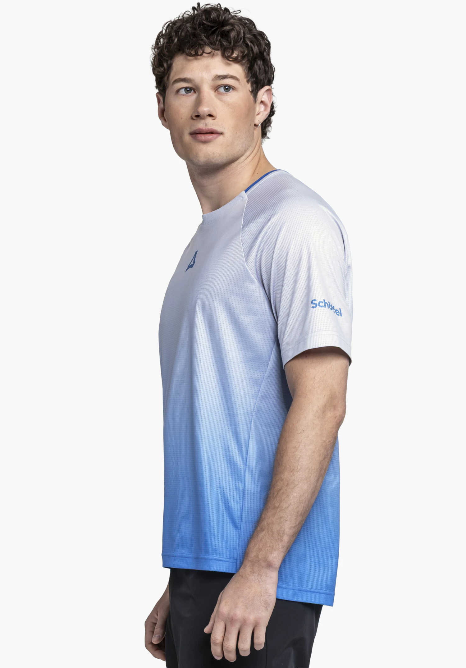 Shirt Style Koitere MEN, shown in a side profile view against a neutral background. The model is wearing the shirt in a modern blue gradient, with the Schöffel logo subtly visible on the sleeve.