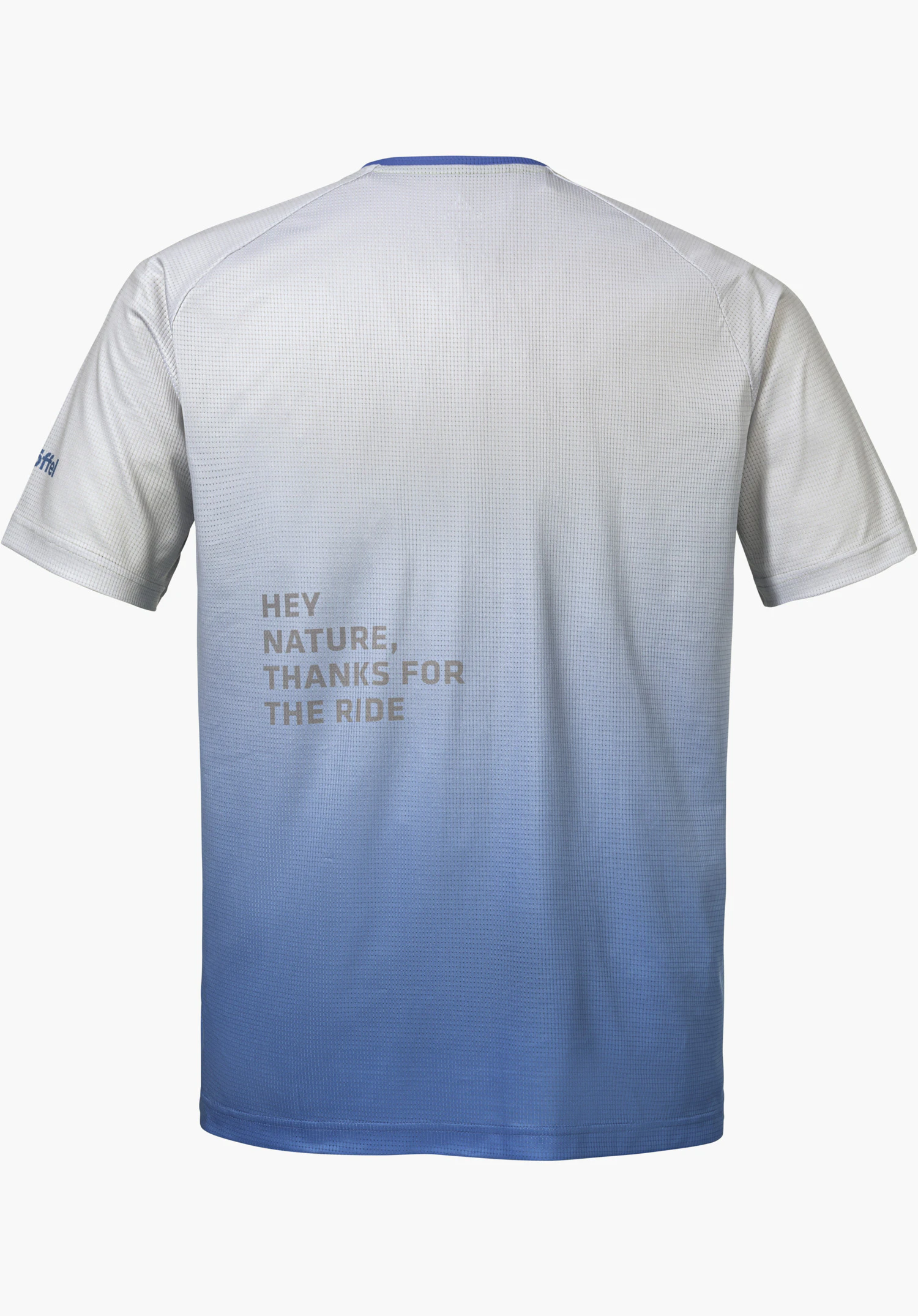 Shirt Style Koitere MEN in blue shows the back view with a colour gradient, the print "HEY NATURE, THANKS FOR THE RIDE" on the back and the Schöffel logo on the left sleeve, isolated on a white background.