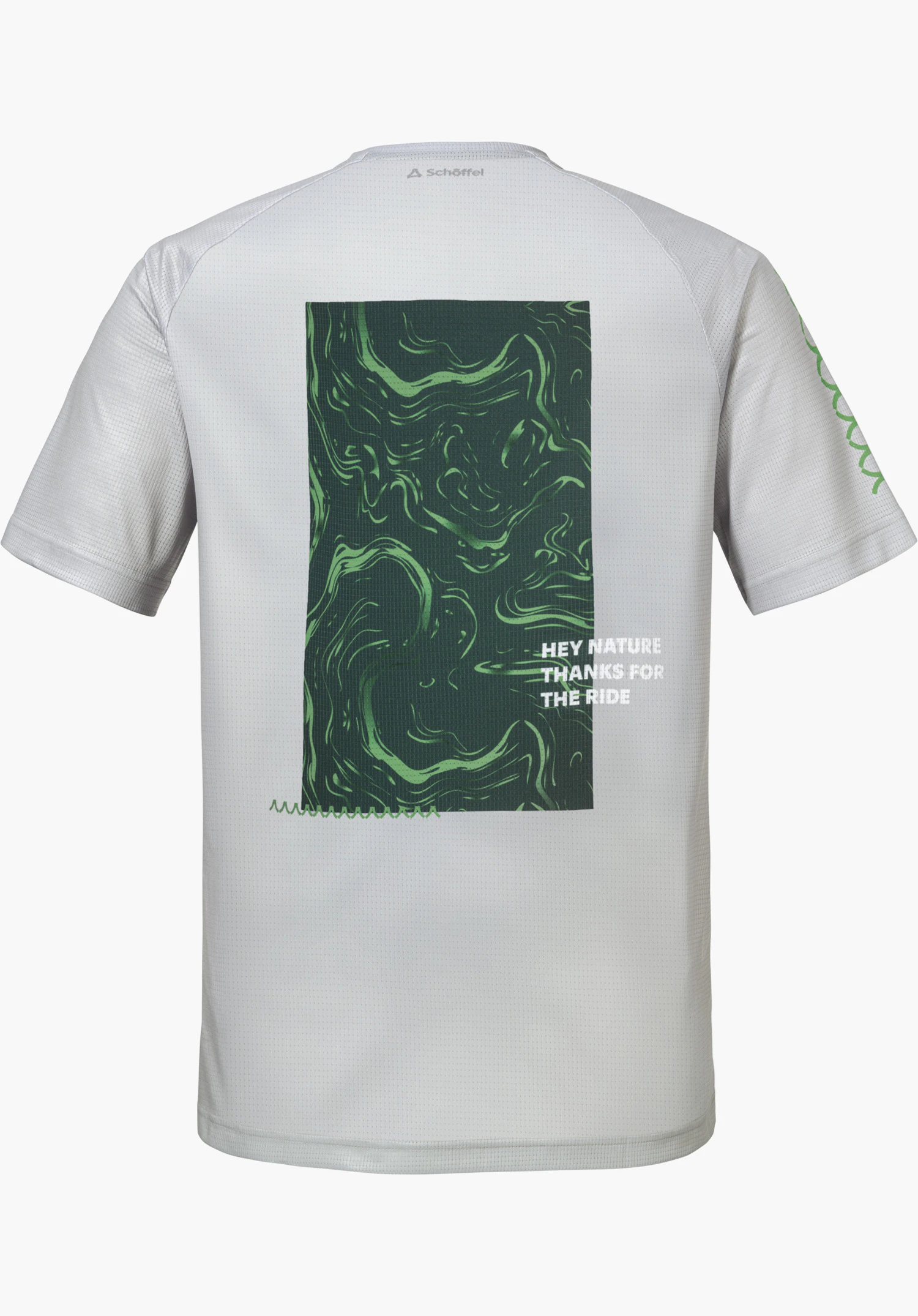 Shirt Style Koitere MEN en gris est présenté de dos avec un imprimé graphique vert saisissant, le texte 'HEY NATURE THANKS FOR THE RIDE' et le logo Schöffel sur la nuque, détouré sur fond blanc.