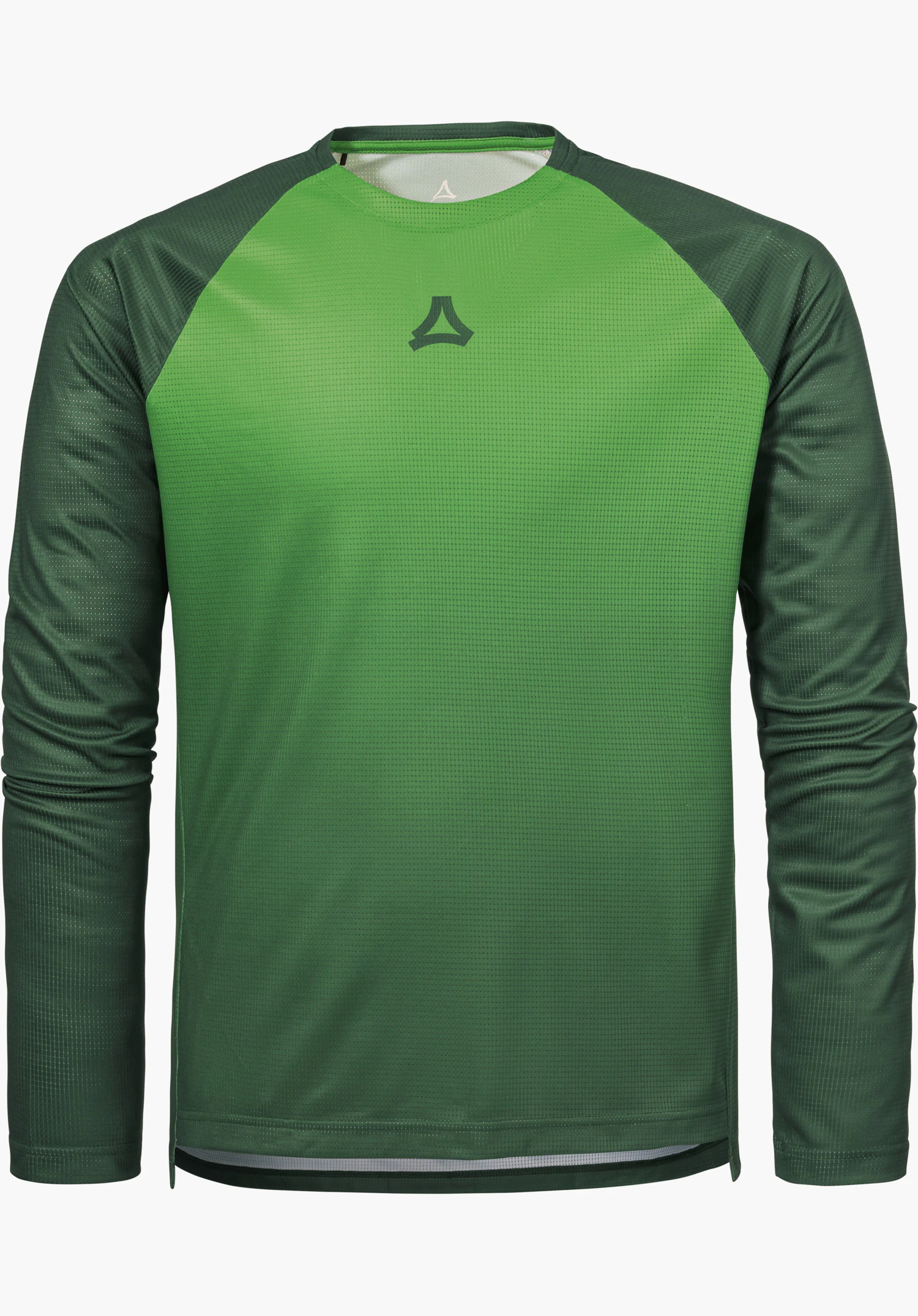 Longsleeve Style Koitere MEN in green features a functional design with a subtle Schöffel logo on the chest, freigestellt vor weißem Hintergrund.