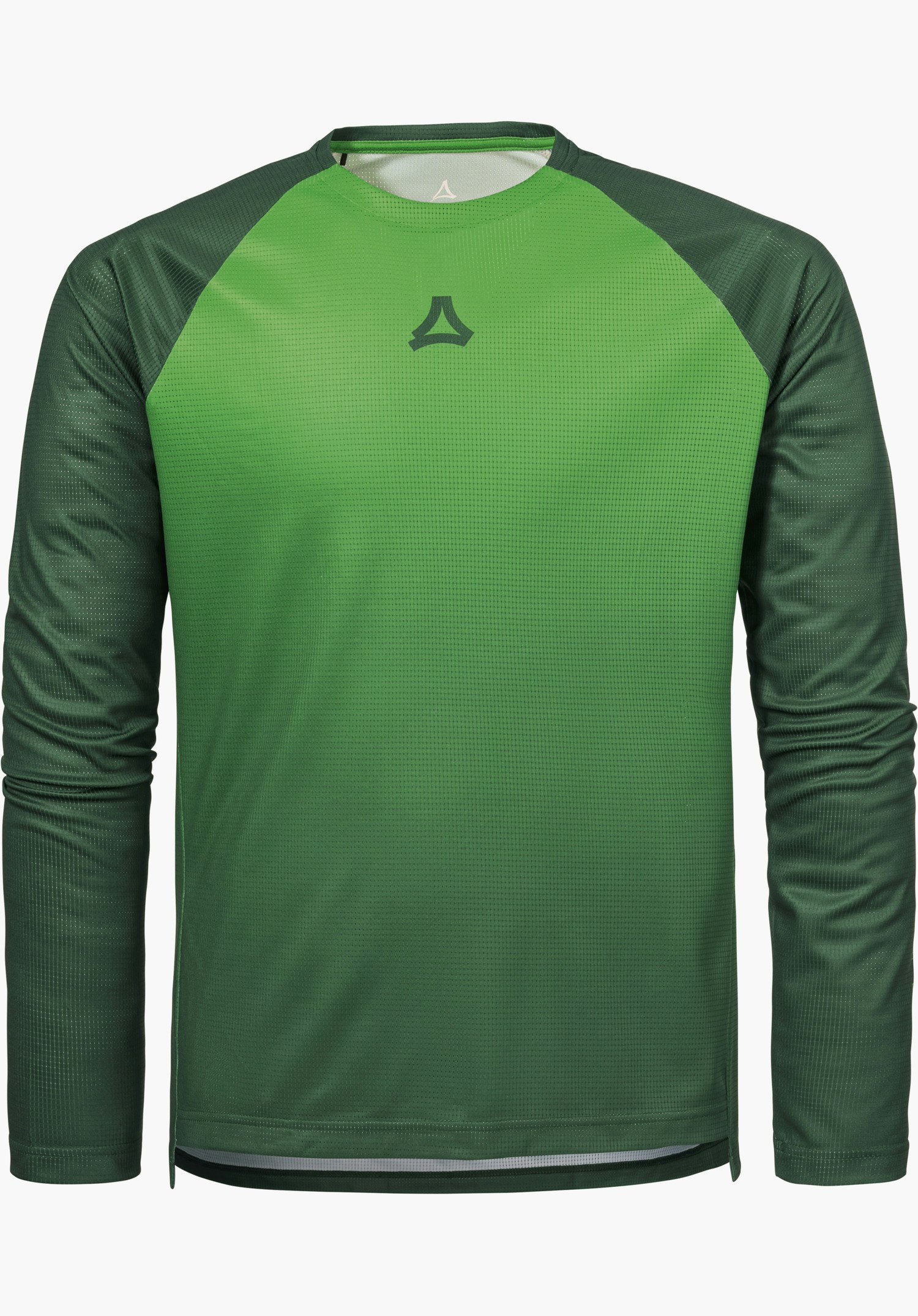 Longsleeve Style Koitere MEN in green features a functional design with a subtle Schöffel logo on the chest, freigestellt vor weißem Hintergrund.