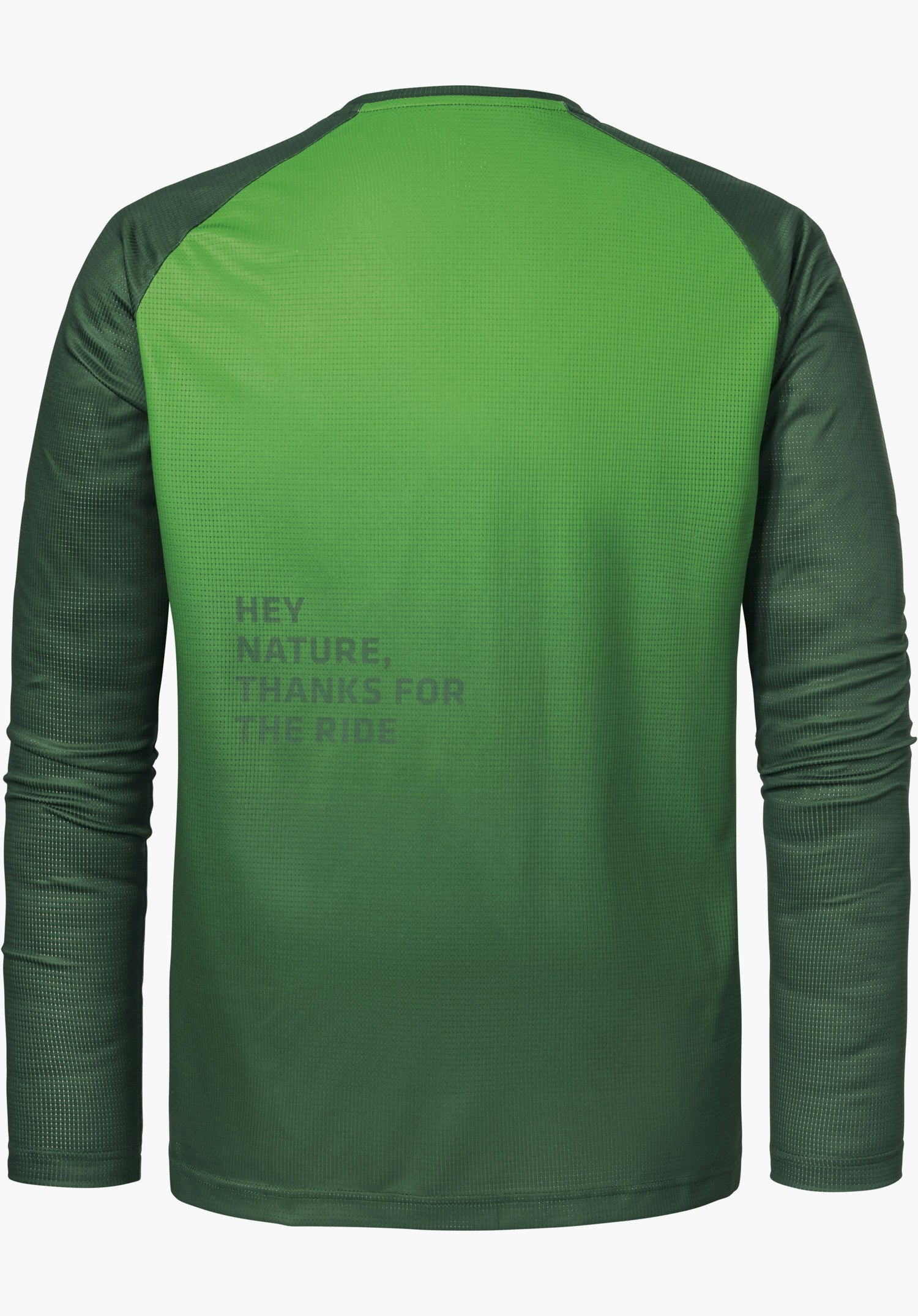 Longsleeve Style Koitere MEN in green is shown here from the back with darker contrasting sleeves and subtle lettering, isolated on a white background.