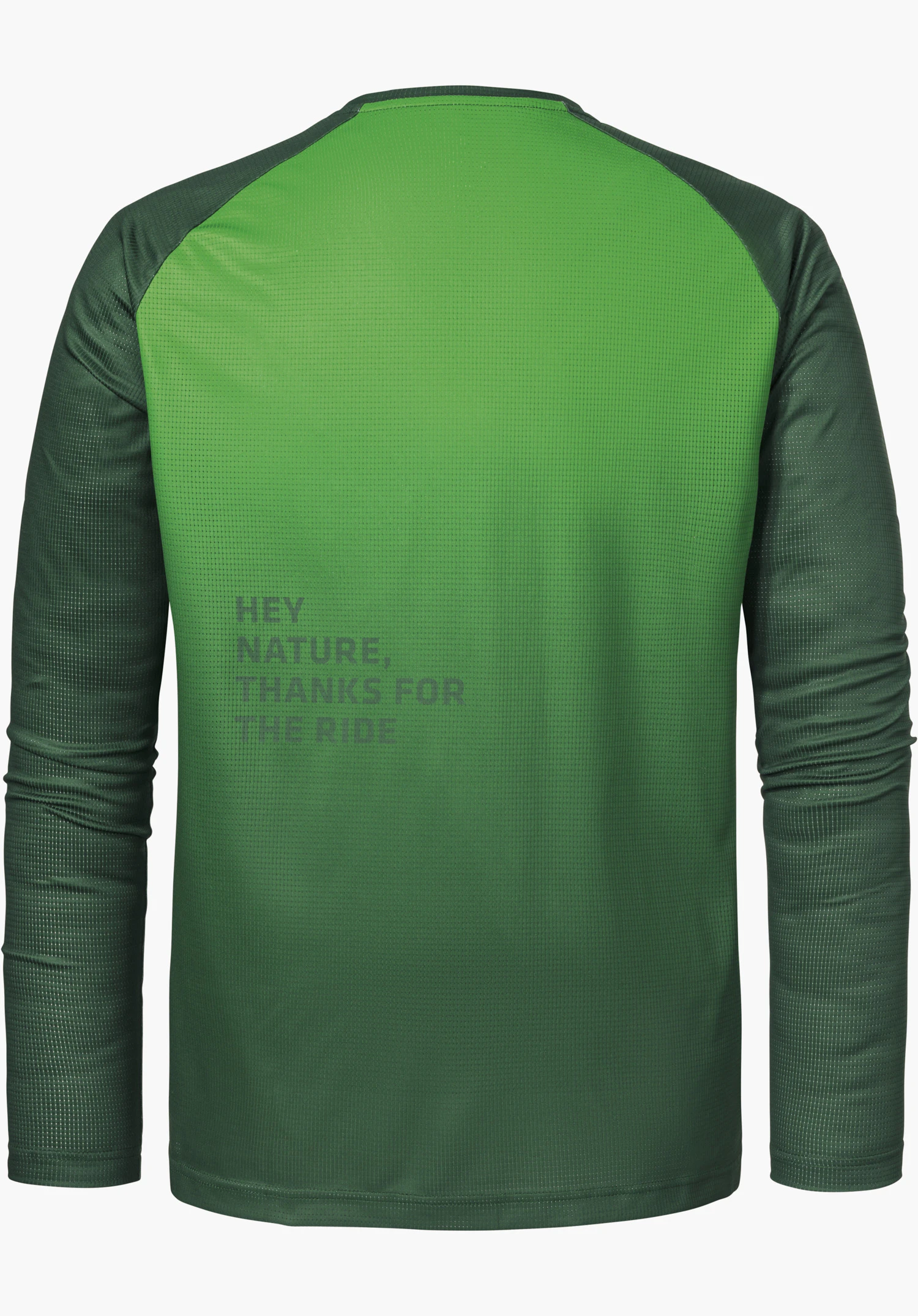 Longsleeve Style Koitere MEN in green is shown here from the back with darker contrasting sleeves and subtle lettering, isolated on a white background.