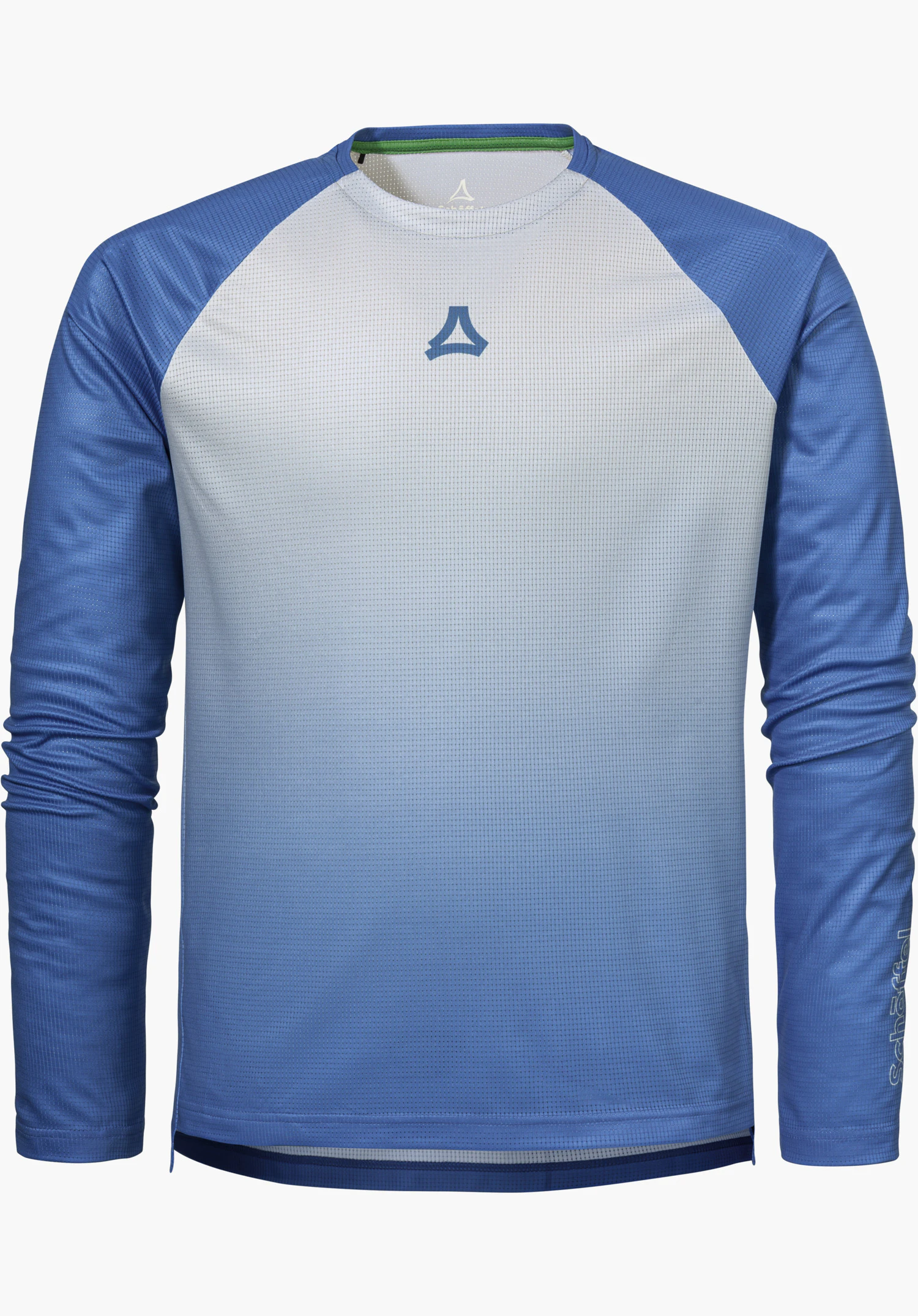 Longsleeve Style Koitere MEN en bleu avec un dégradé de couleurs et le logo Schöffel sur la poitrine, détouré sur fond blanc.