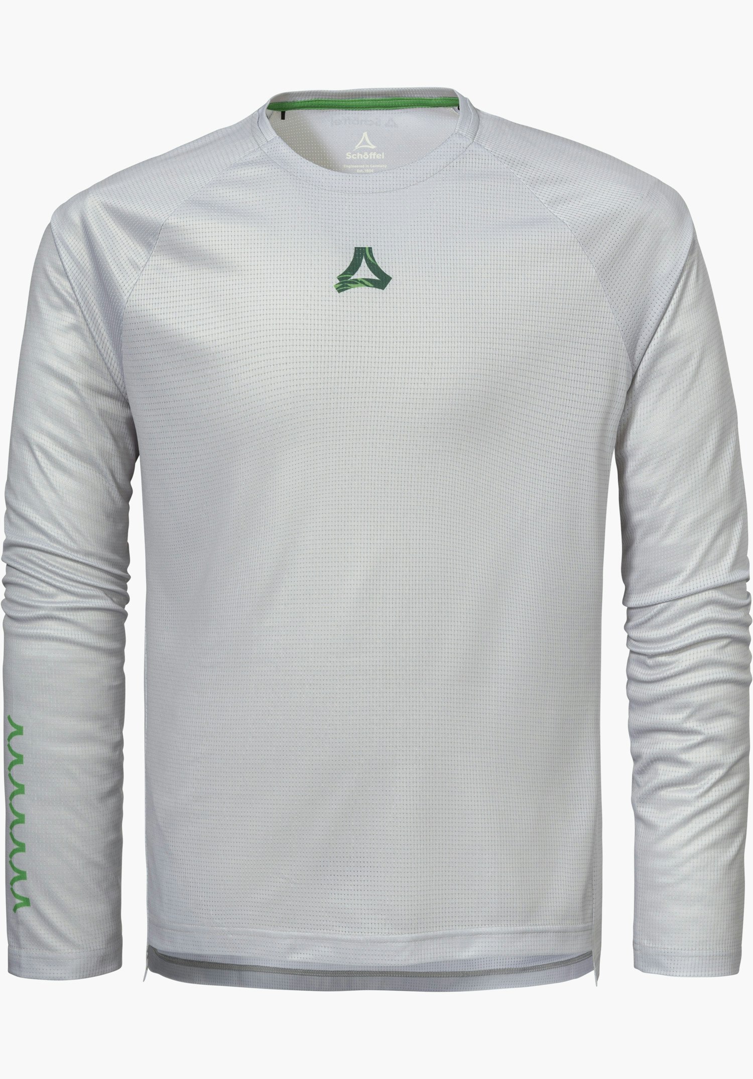 Longsleeve Style Koitere MEN in Grau zeigt eine funktionale Struktur mit grünem Logo auf der Brust und am Ärmel, Rundhalsausschnitt  sowie dem Schöffel-Logo im Nackenbereich, freigestellt vor weißem Hintergrund.