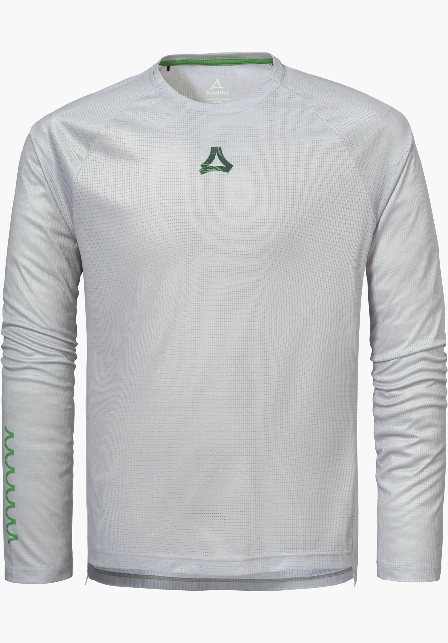 Longsleeve Style Koitere MEN in grey features a functional structure with a green logo on the chest and sleeve, as well as the Schöffel logo in the neck area, isolated against a white background.