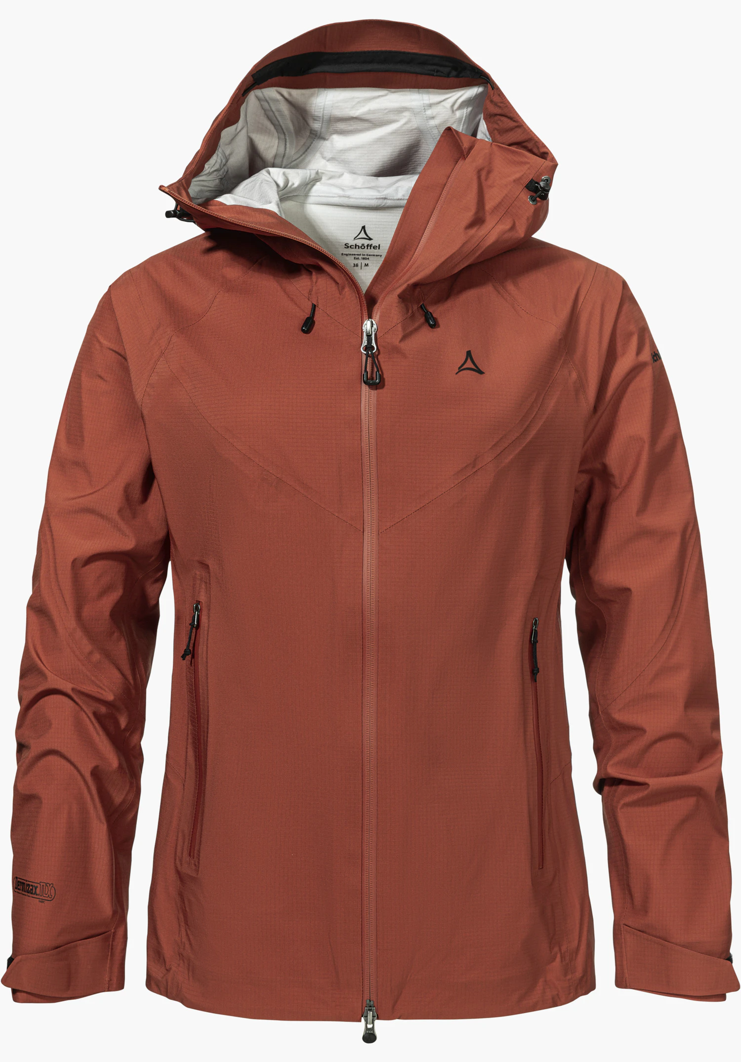 Jacket Style Blaueis WMS in red with a front zip, hood and Schöffel-Logo on the chest, isolated on a white background.