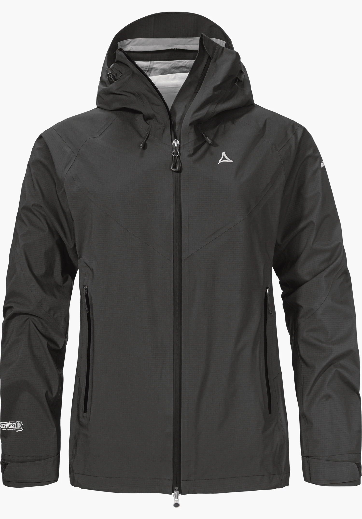 Jacket Style Blaueis WMS veste outdoor noire, présentée de face, fermeture éclair fermée et capuche relevée; logo Schöffel sur la poitrine; tissu lisse légèrement texturé sur fond blanc; aucune autre inscription lisible.