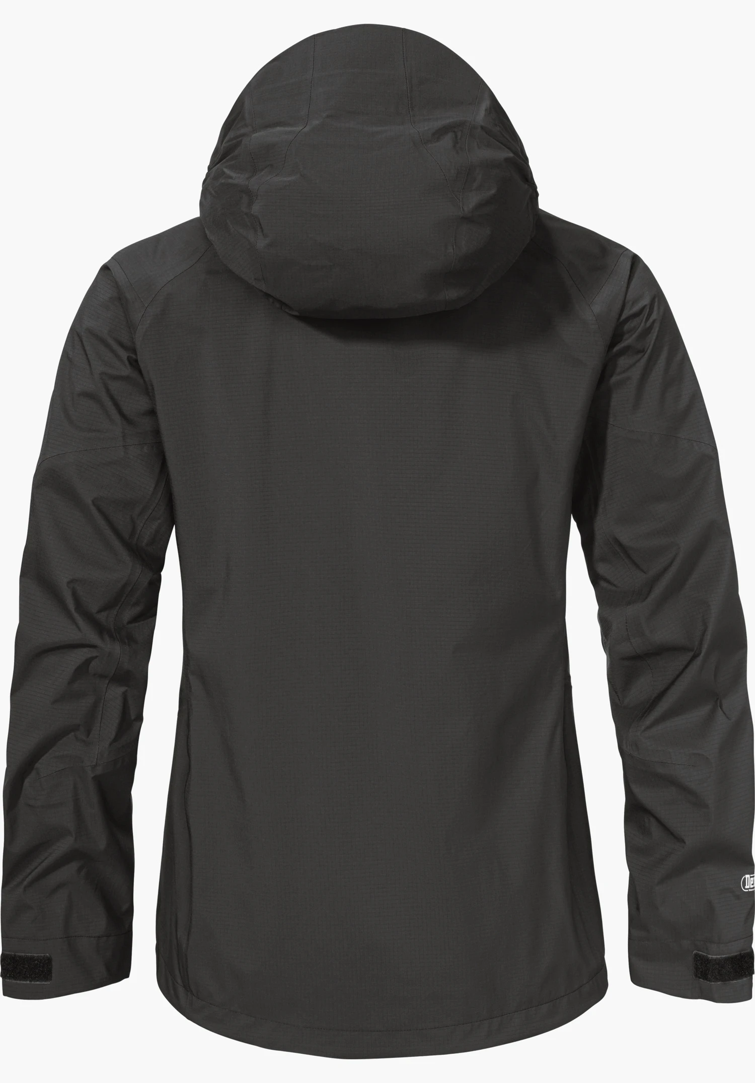 Jacket Style Blaueis WMS black rain jacket, rear view with attached hood, calmly photographed against a white background; straight-cut silhouette, long sleeves with Velcro fastenings.
