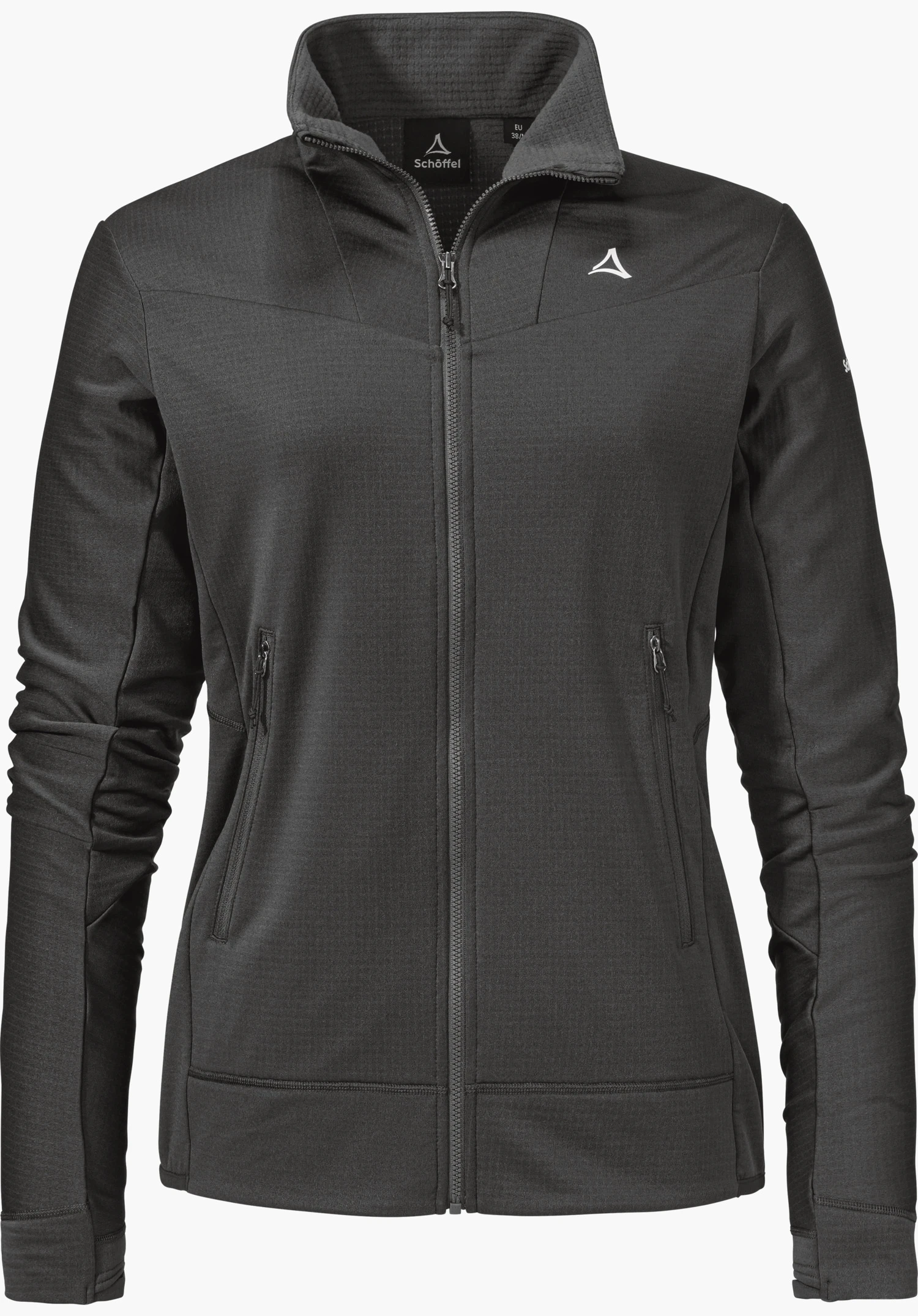 Fleece Jkt Style Blaueis WMS in schwarz, ausgestattet mit einem durchgehenden Reißverschluss und dem Schöffel-Logo auf der linken Brust, freigestellt vor weißem Hintergrund.