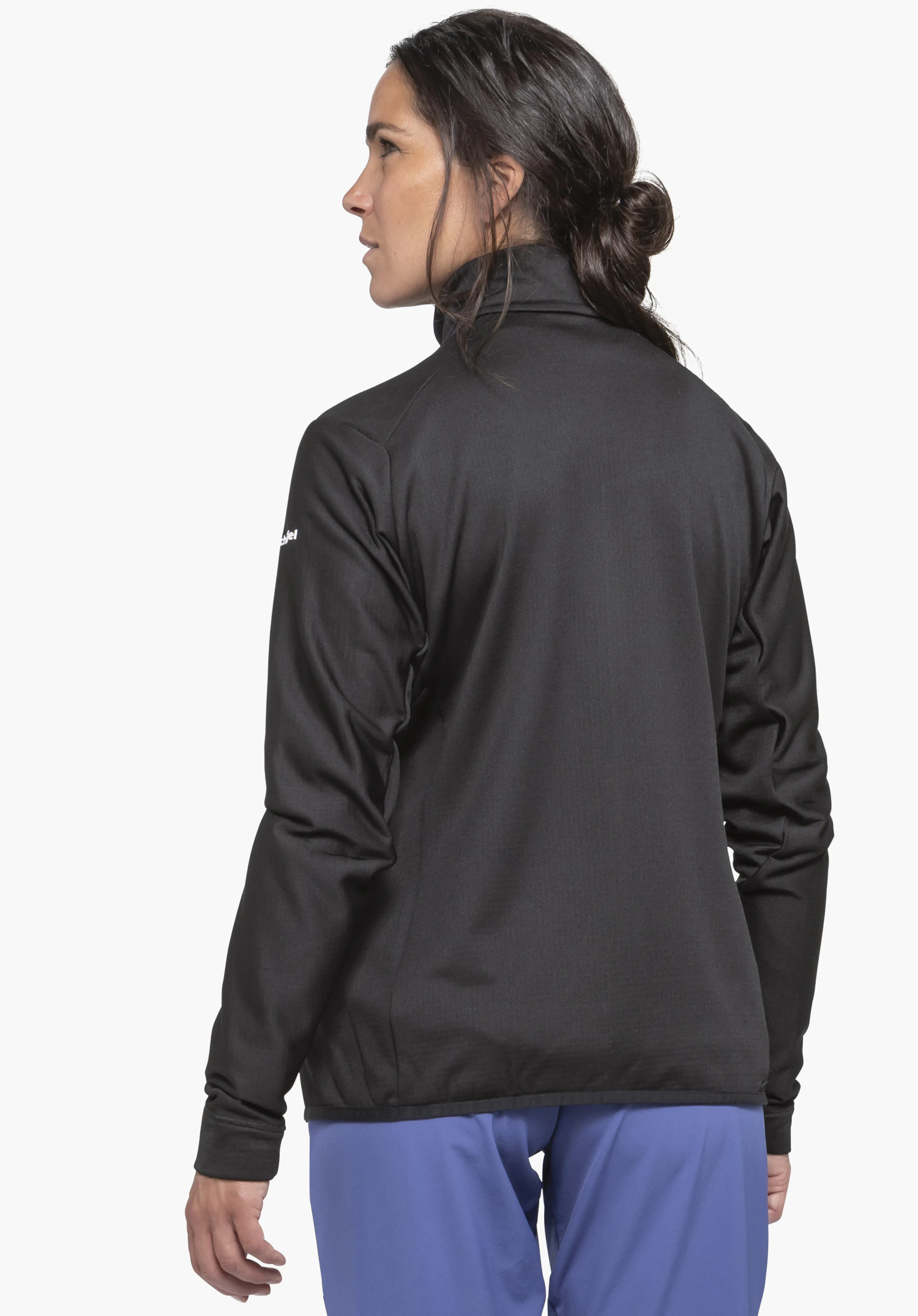 Fleece Jkt Style Blaueis WMS vue de dos en noir portée par un mannequin sur un fond neutre, avec le logo Schöffel visible sur la manche.