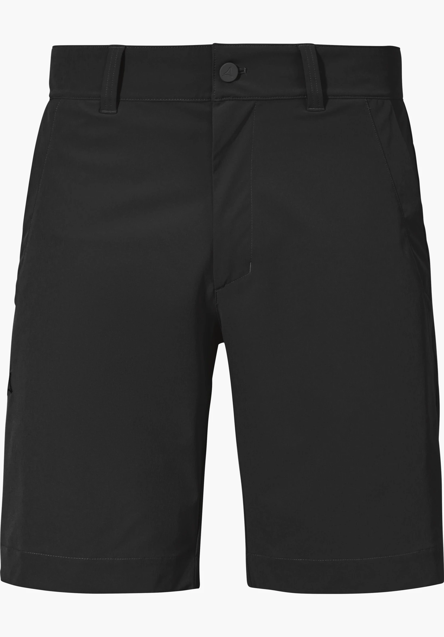Shorts Style Gharra MNS in Schwarz mit Gürtelschlaufen, praktischen Taschen und dezentem Schöffel-Logo auf dem vorderen Knopf, freigestellt vor weißem Hintergrund.