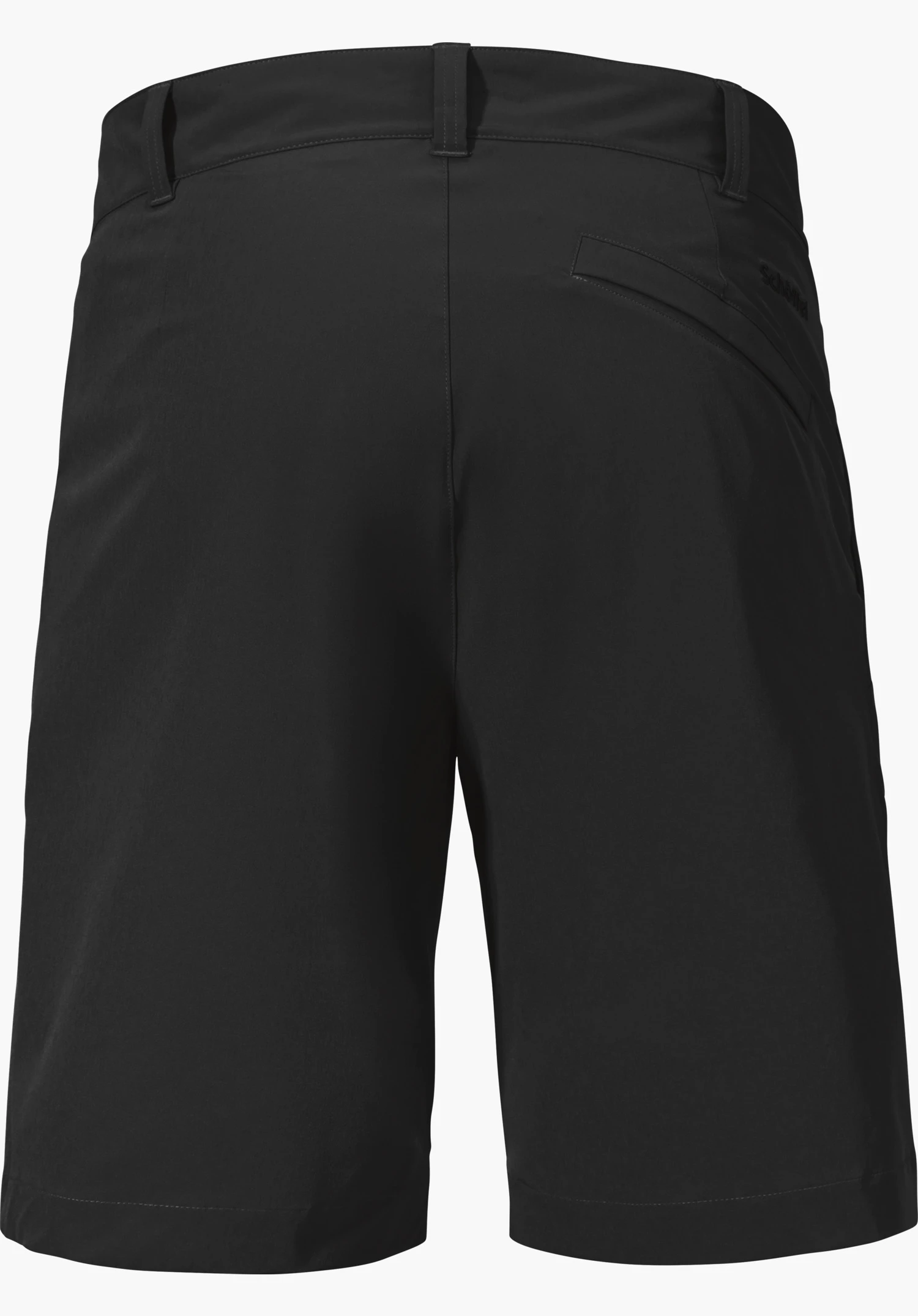Shorts Style Gharra MNS in Schwarz von hinten mit sichtbaren Gürtelschlaufen, einer rechten Gesäßtasche und dezentem Schöffel-Logo, freigestellt vor weißem Hintergrund.