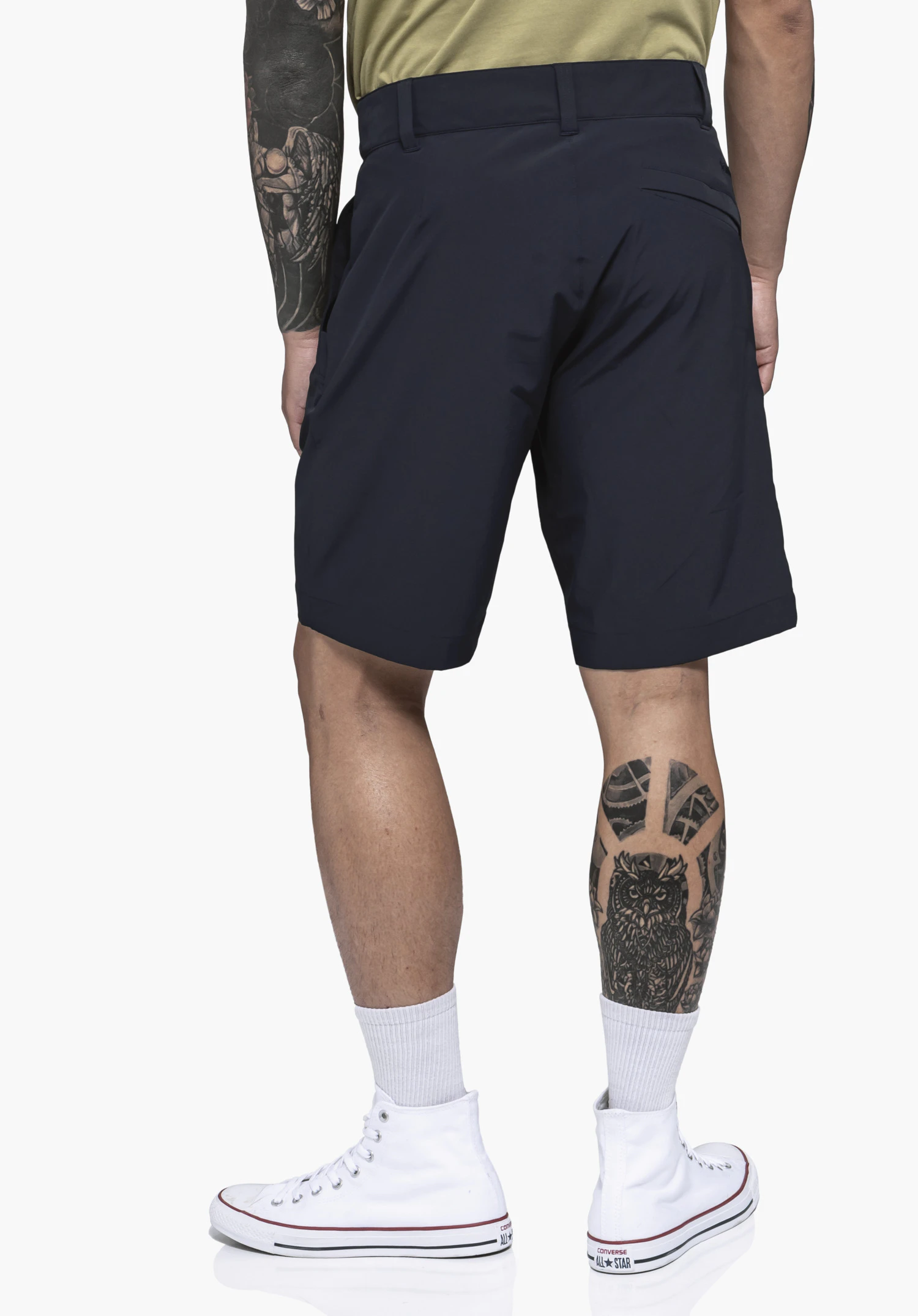 Shorts Style Gharra MNS in a rear view in blue against a neutral background.