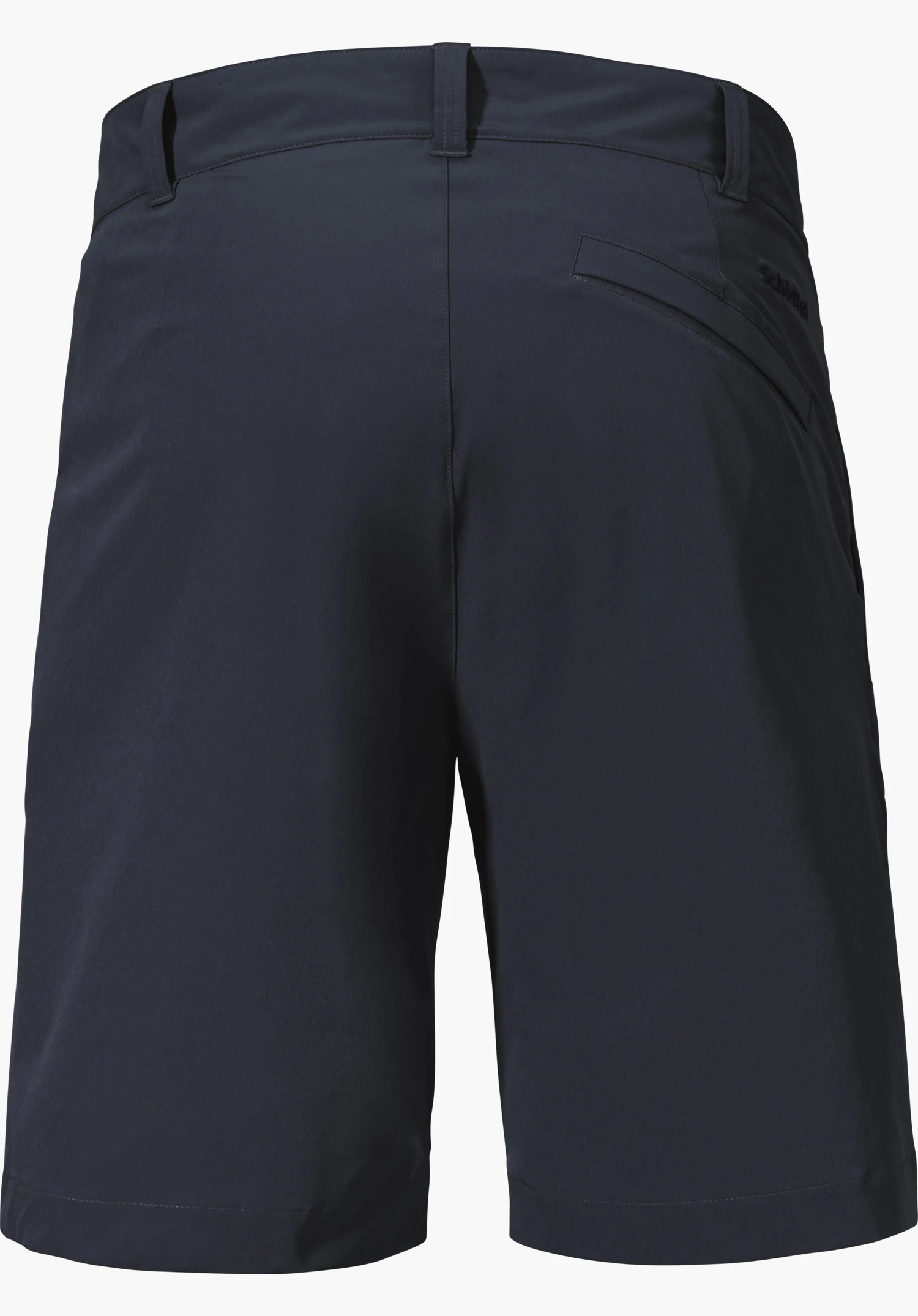 Shorts Style Gharra MNS in blue shows the back with belt loops and the Schöffel logo on the right pocket, isolated against a white background.