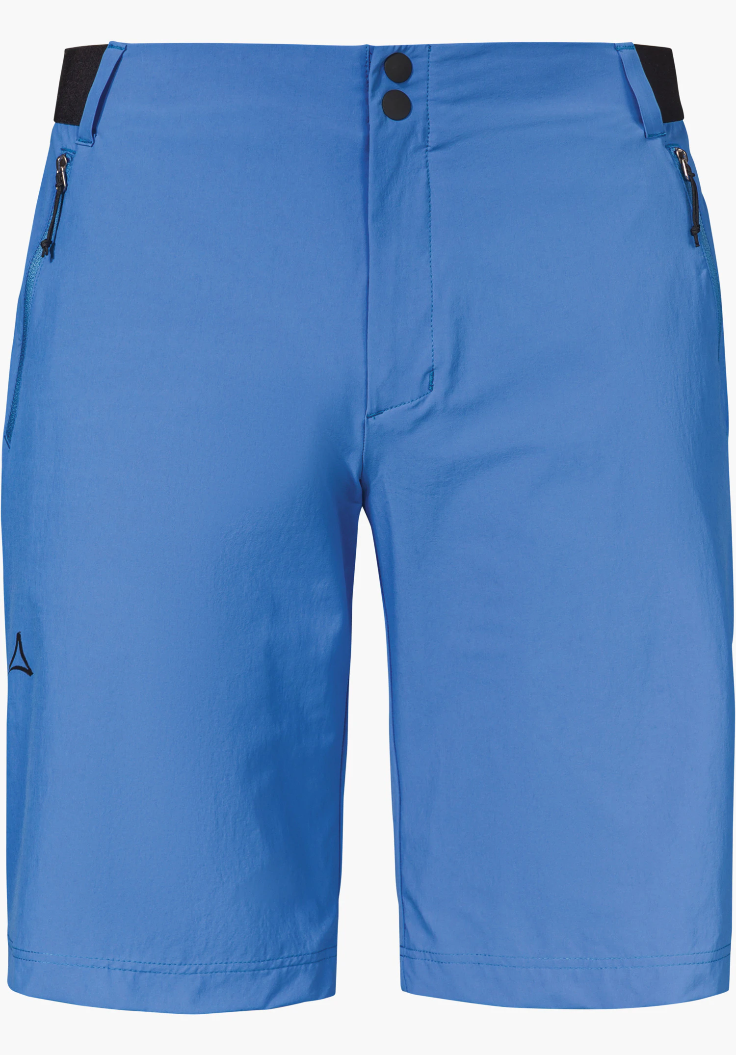 Shorts Style Blaustein MNS in blue shows the front view with black buttons, side zip pockets and the Schöffel logo, isolated on a white background.